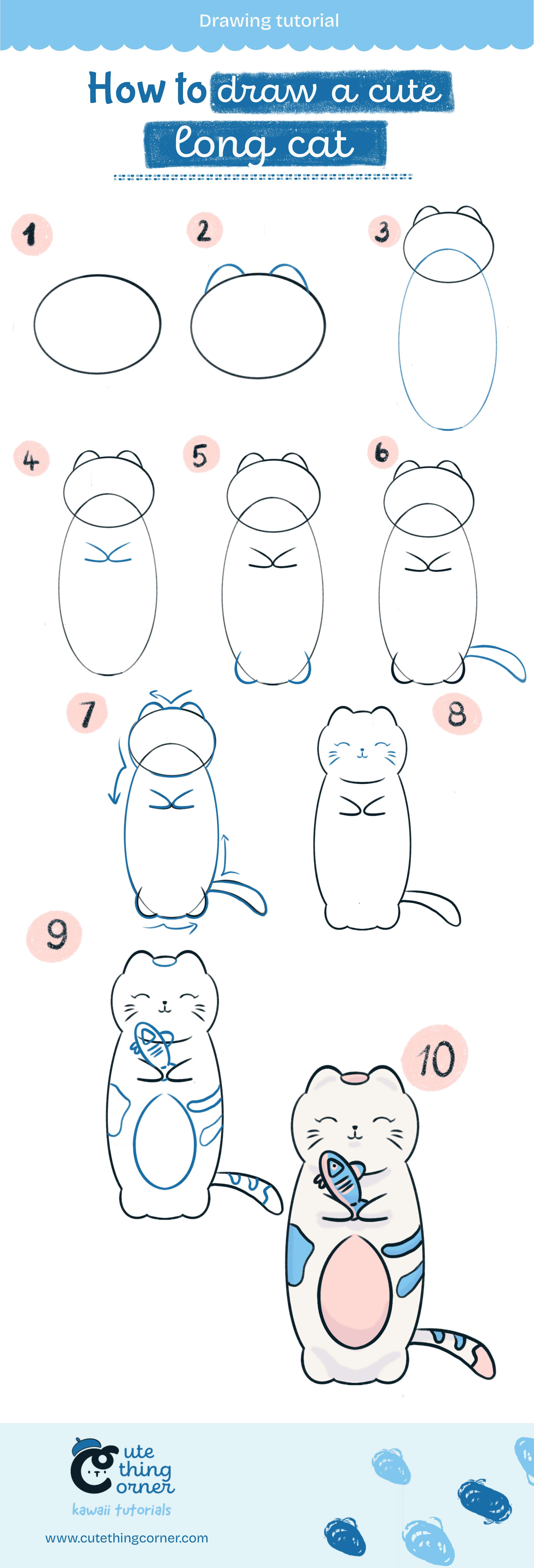 How to draw a cute long cat full tutorial