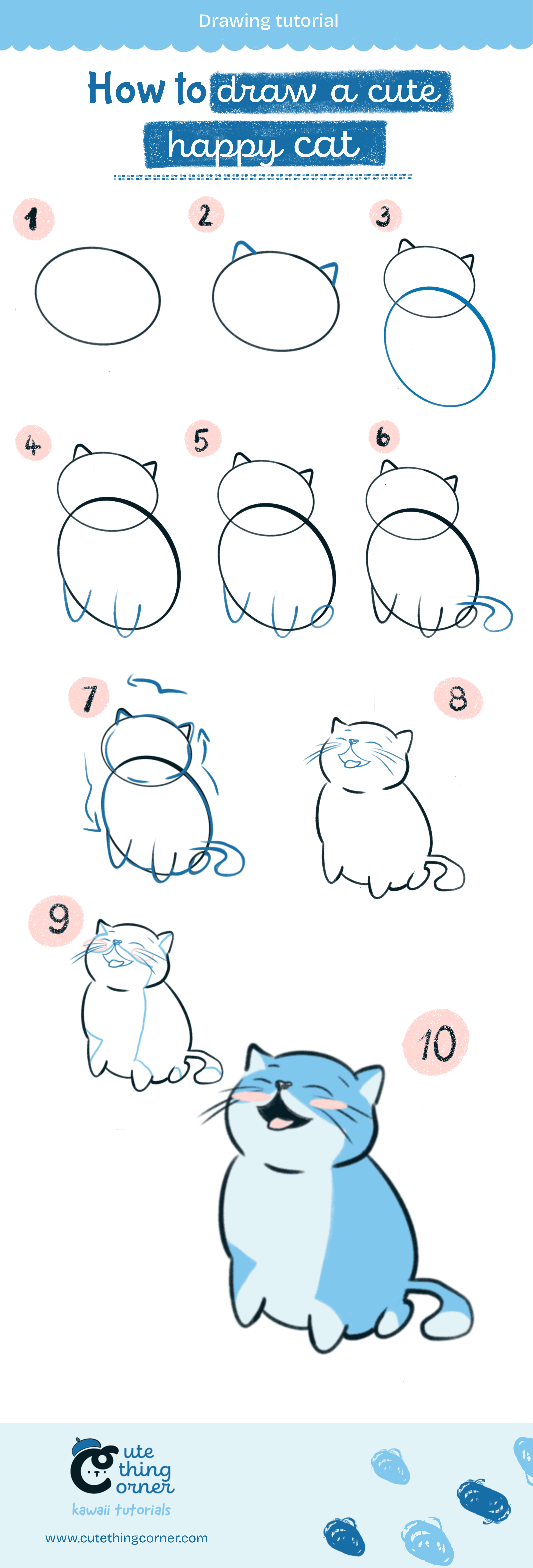 Step-by-step to draw a cute happy cat