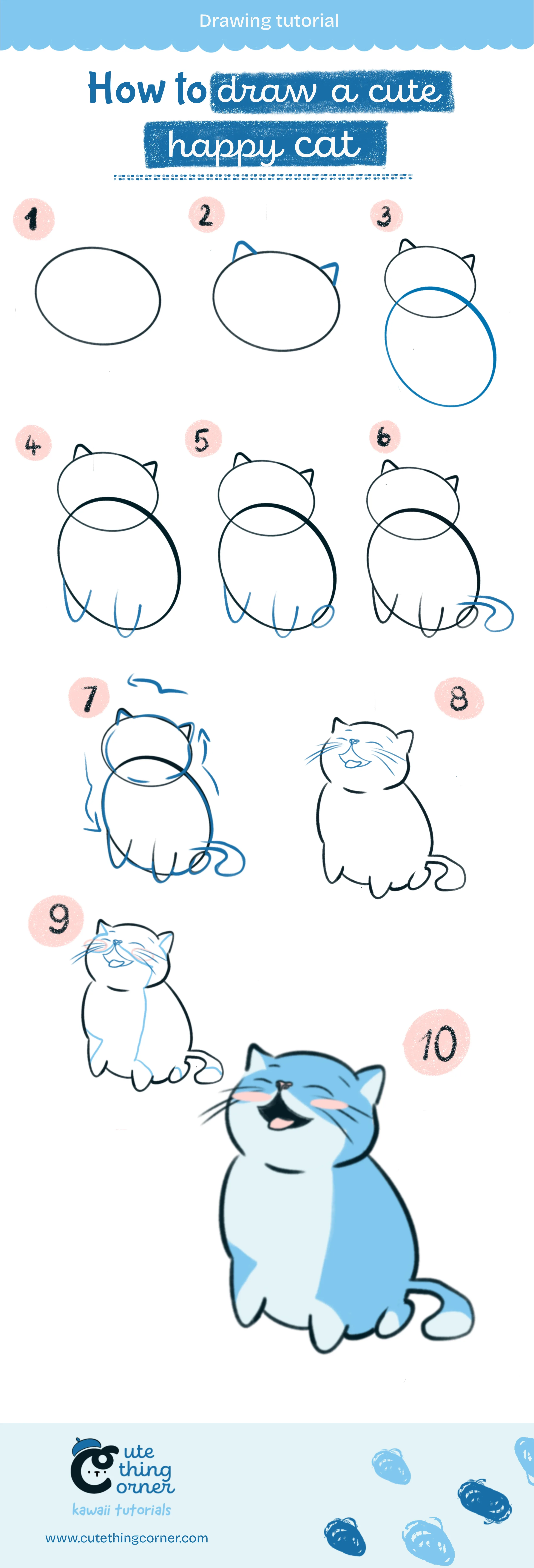 Step-by-step to draw a cute happy cat