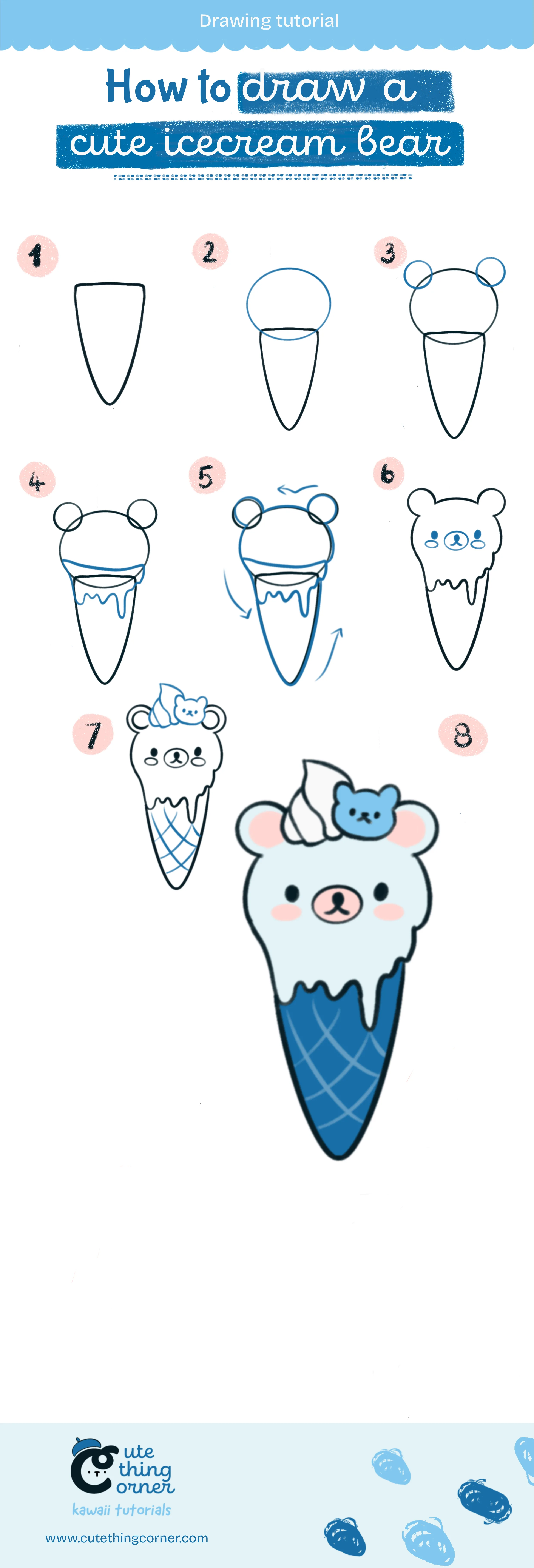 How to draw a cute icecream bear (Step-by-step)