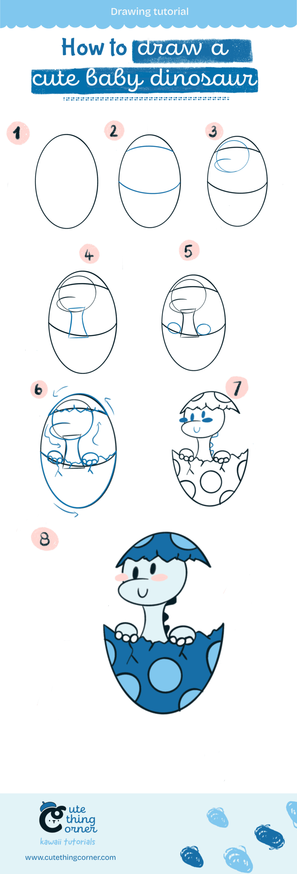 How to draw a cute baby dinosaur (Step-by-step)