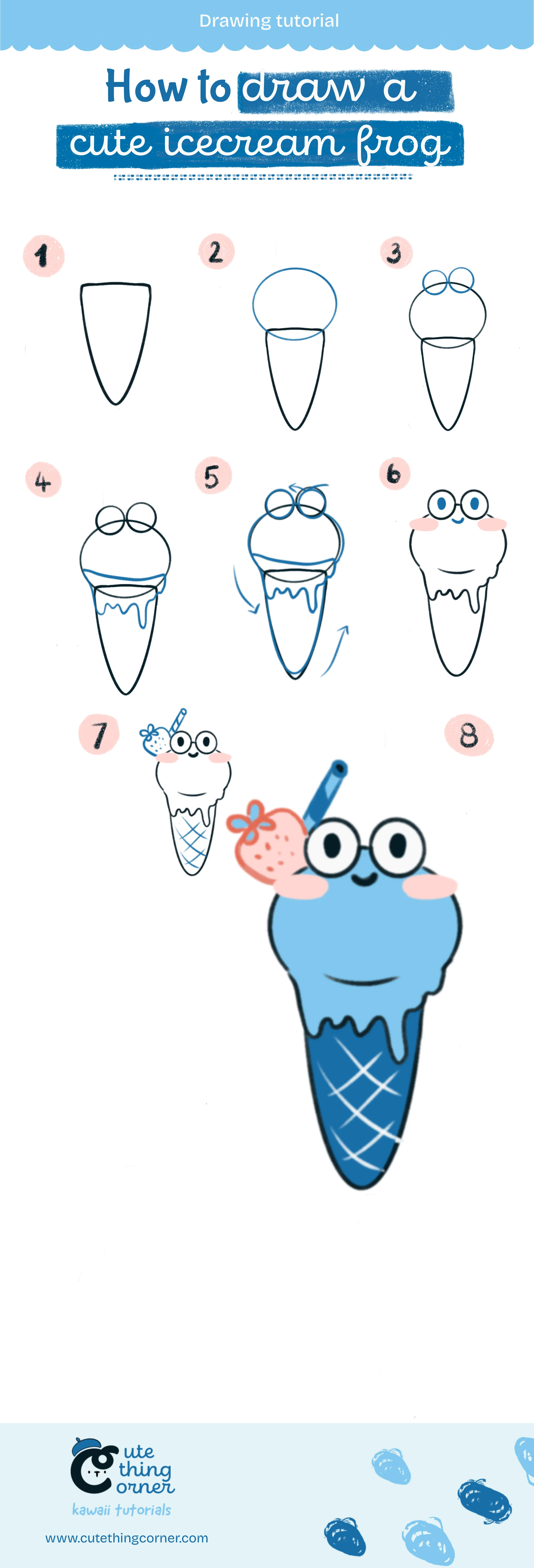 How to draw a cute icecream frog (Step-by-step)