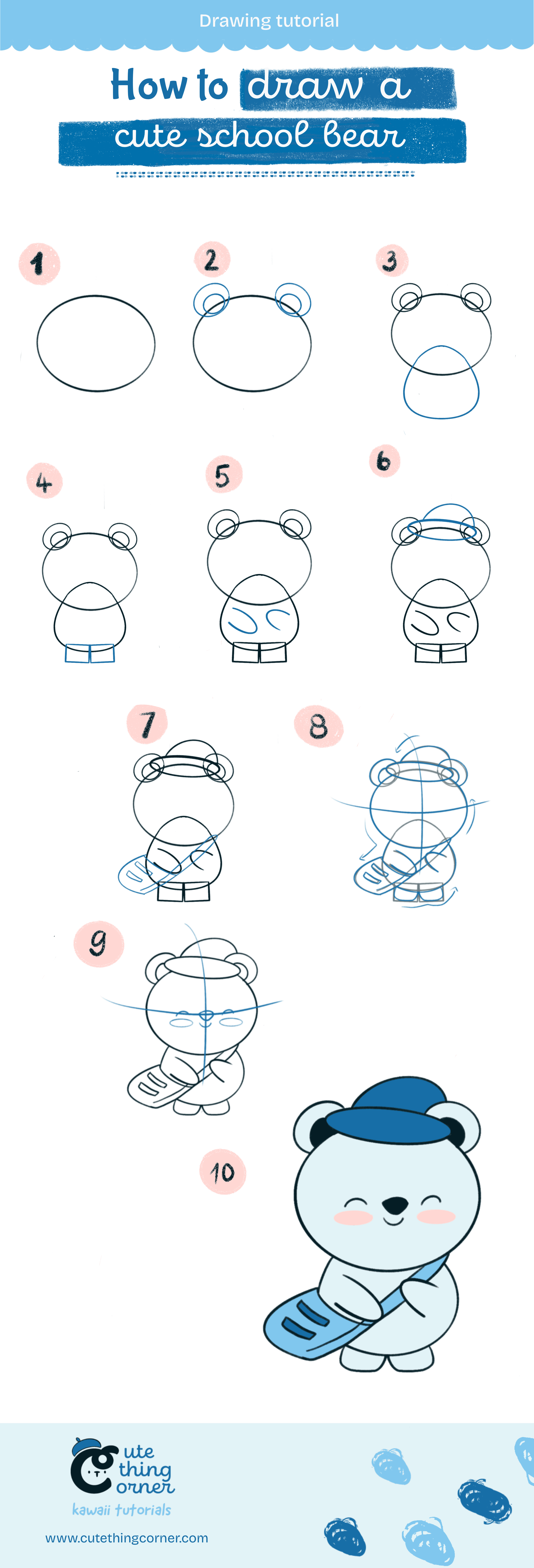 How to draw a cute school bear (Step-by-step)