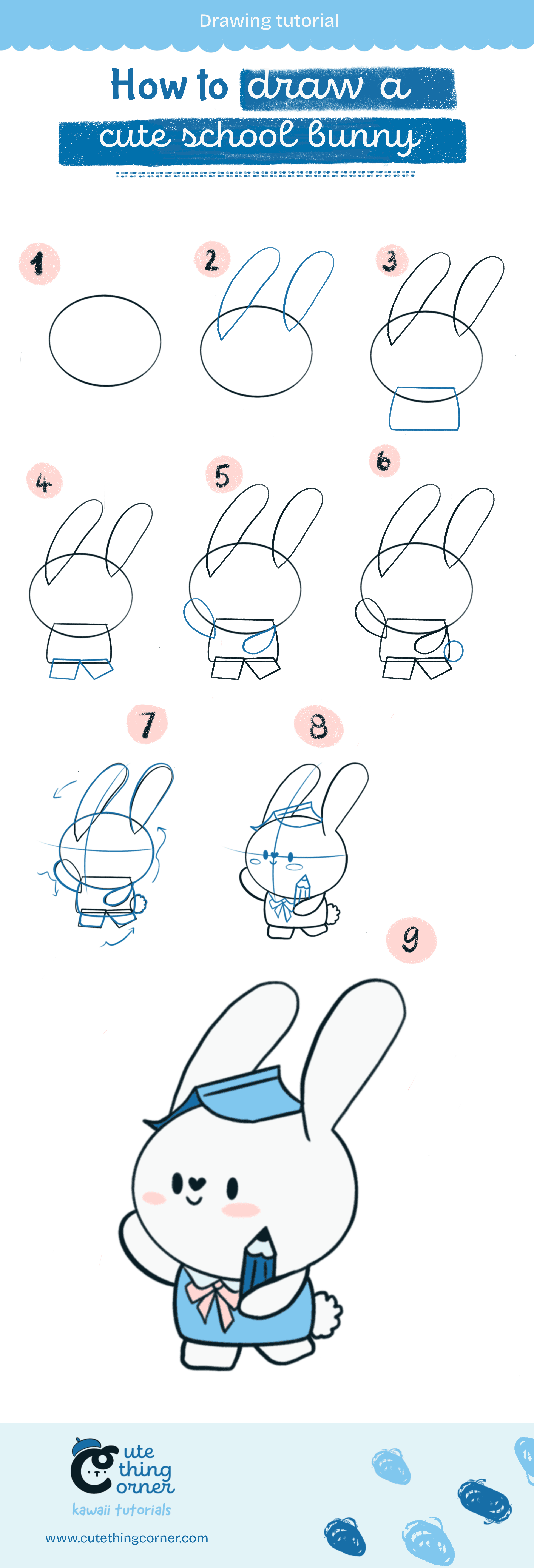 How to draw a cute school bunny