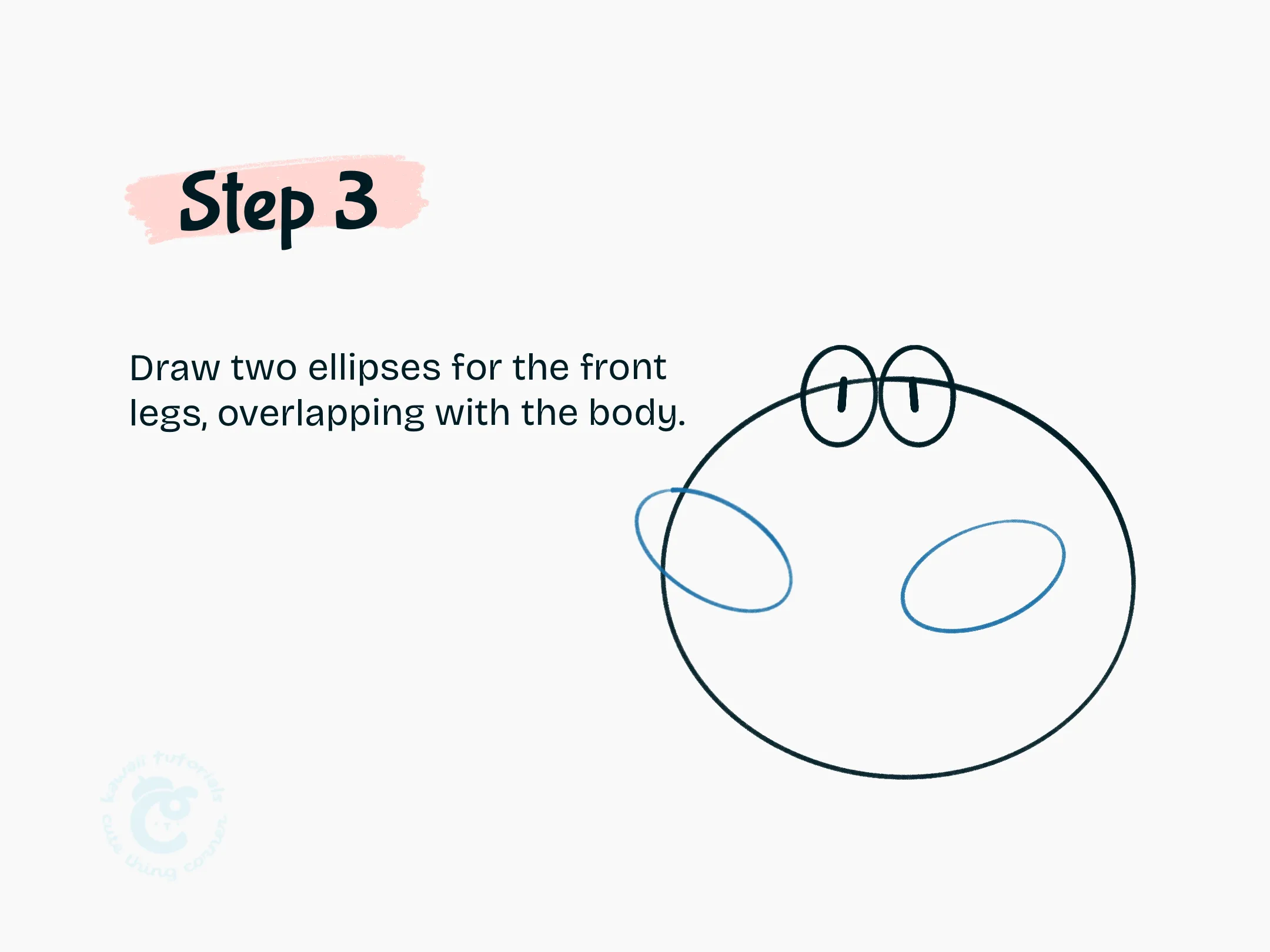 Step 3 Draw two ellipses for the front legs, overlapping with the body