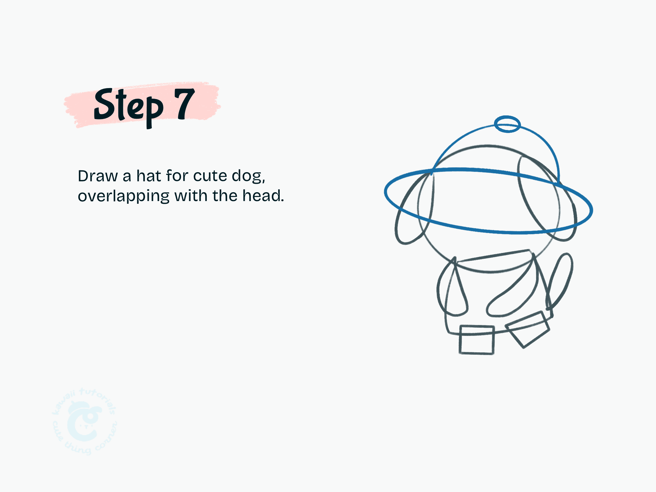 Step 7 Draw a hat for cute dog, overlapping with the head