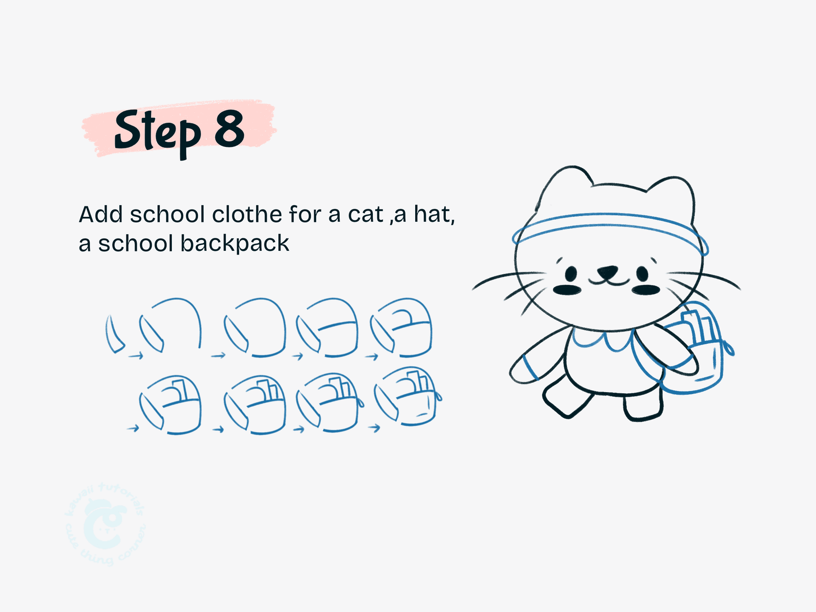 Step 8 Add school clothe for a cat ,a hat, a school backpack