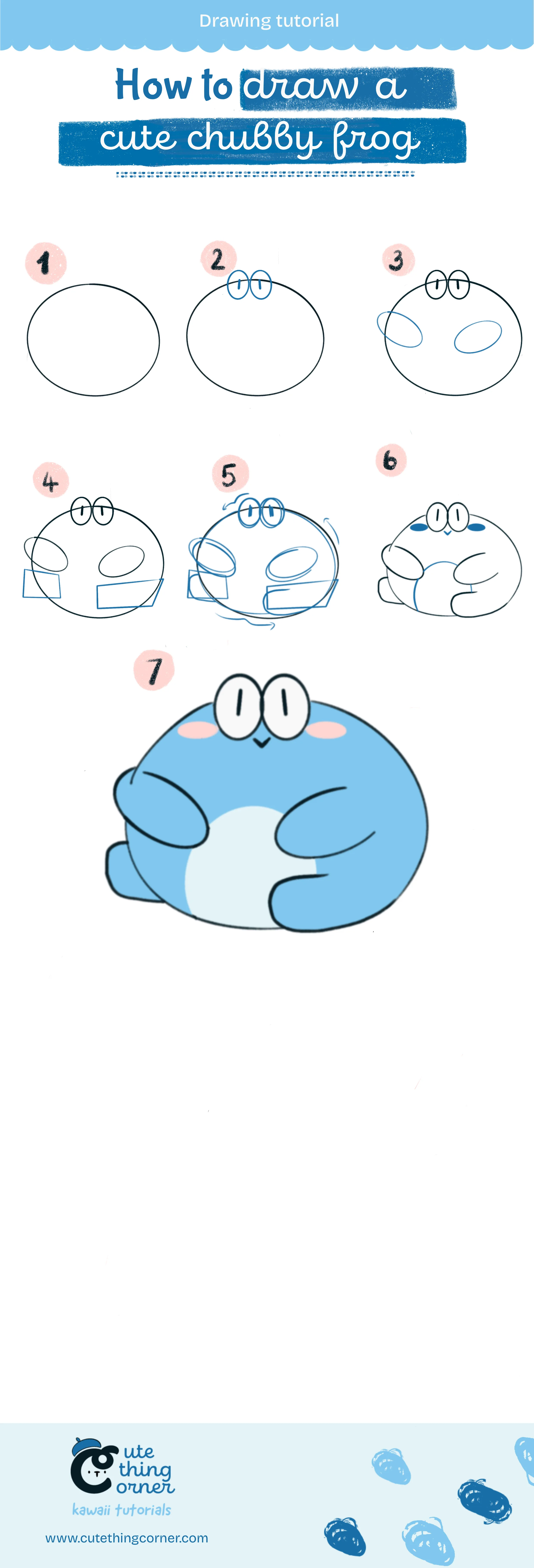 Full step to draw a cute chubby frog
