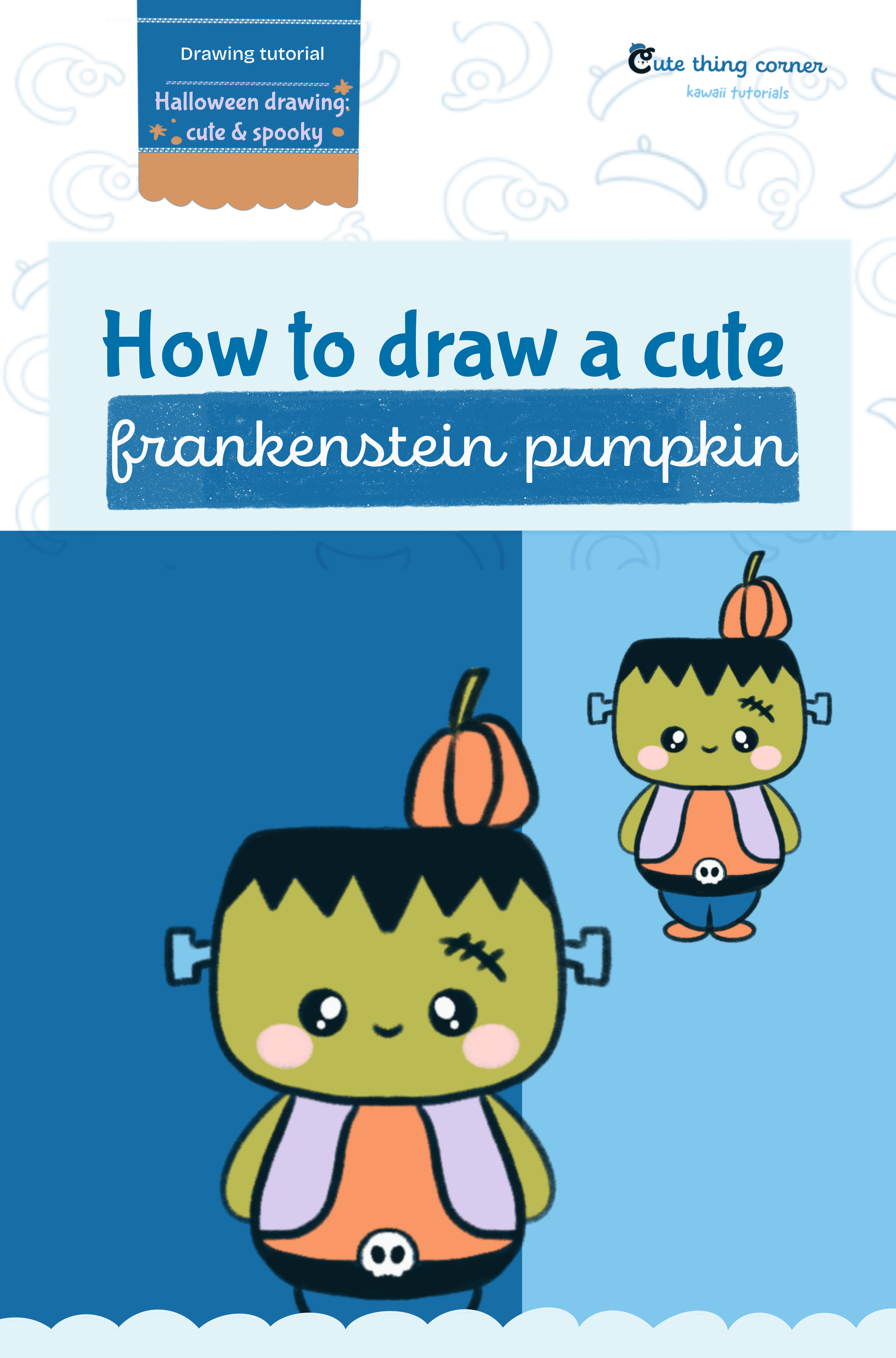 How to draw cute frankenstein with pumpkin (Step-by-step)