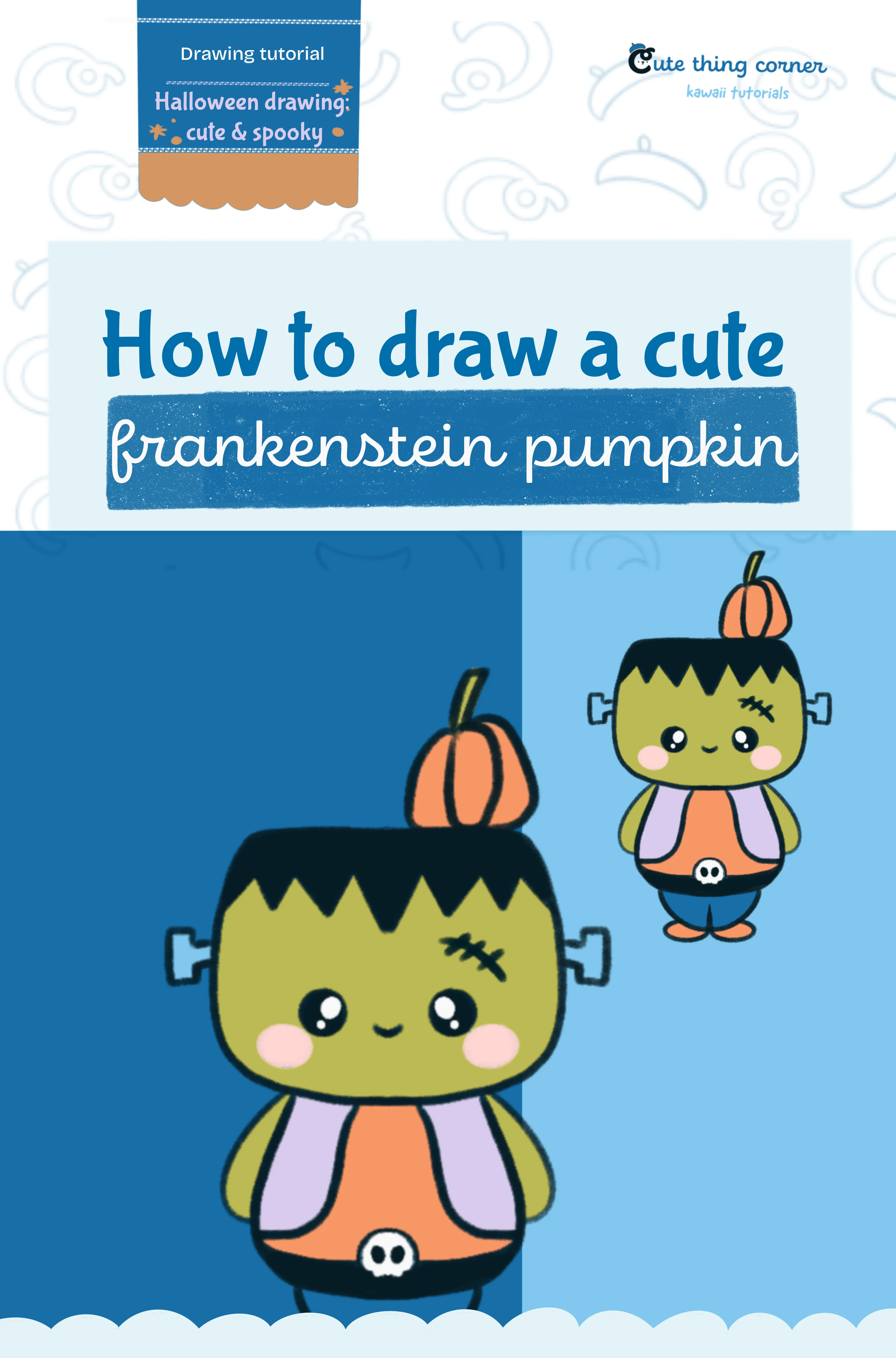 How to draw a cute frankenstein with pumpkin (step-by-step)