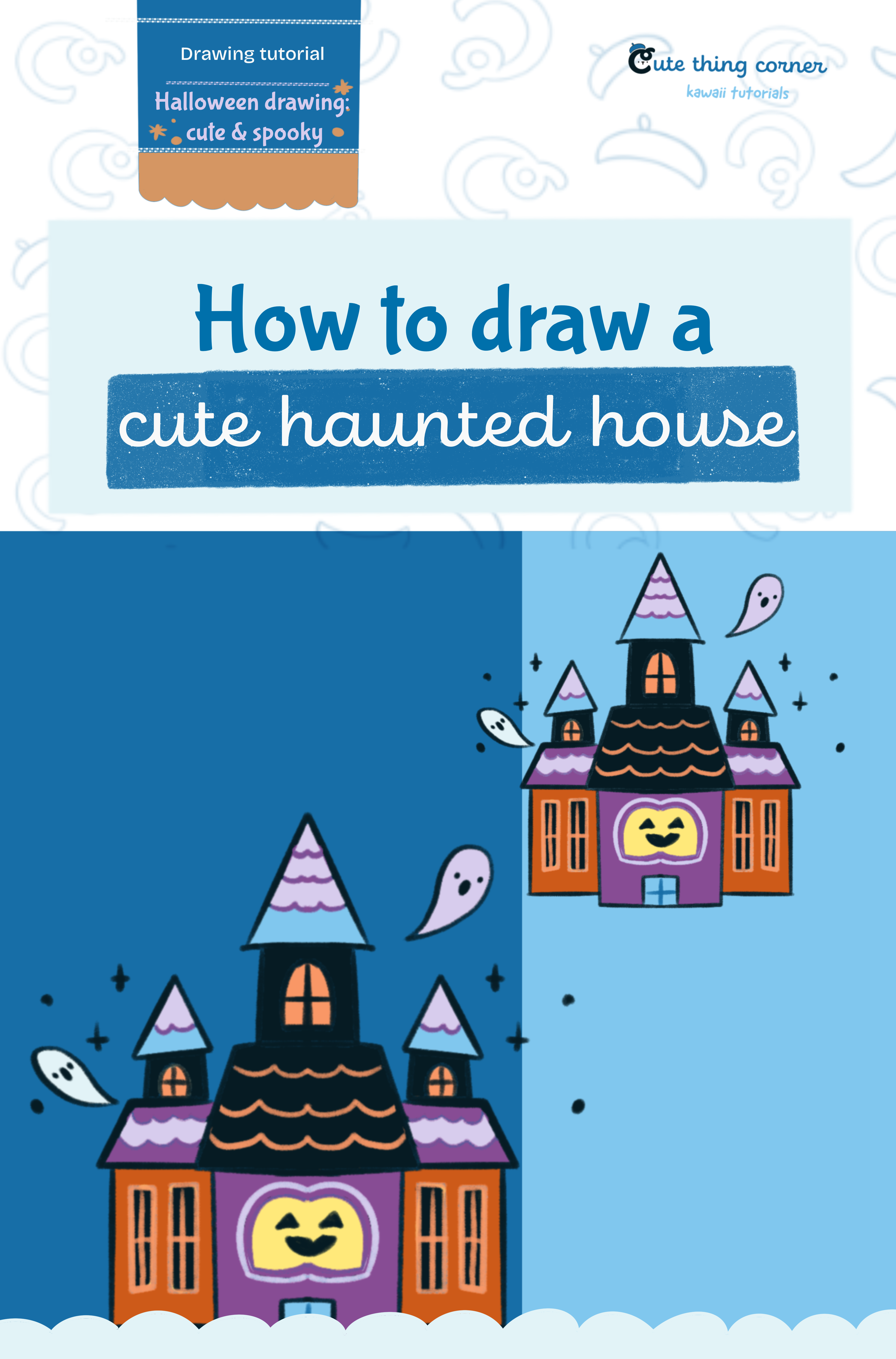 How to draw cute haunted house (Step-by-step)