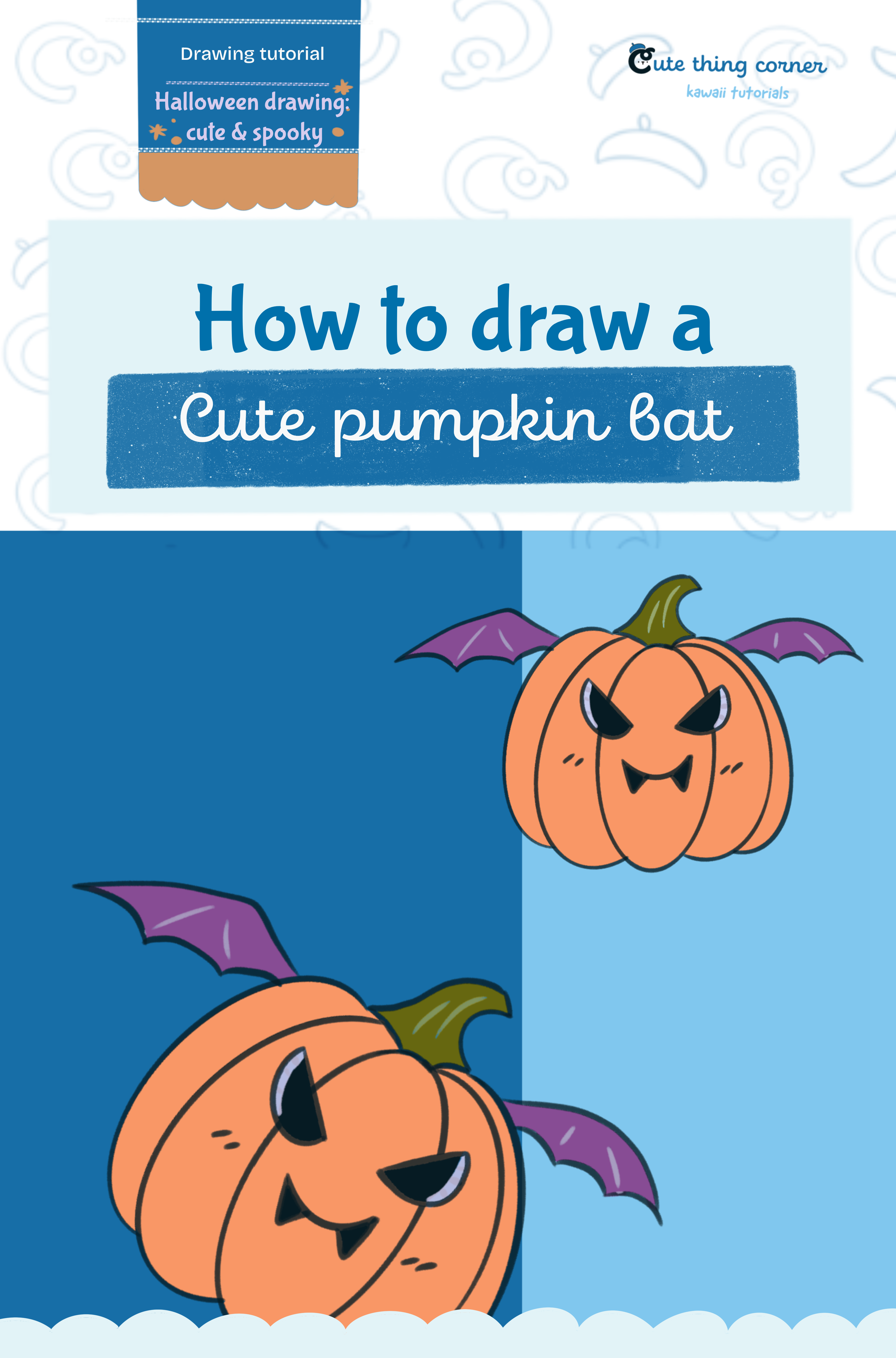 How to draw a cute pumpkin bat (Step-by-step)