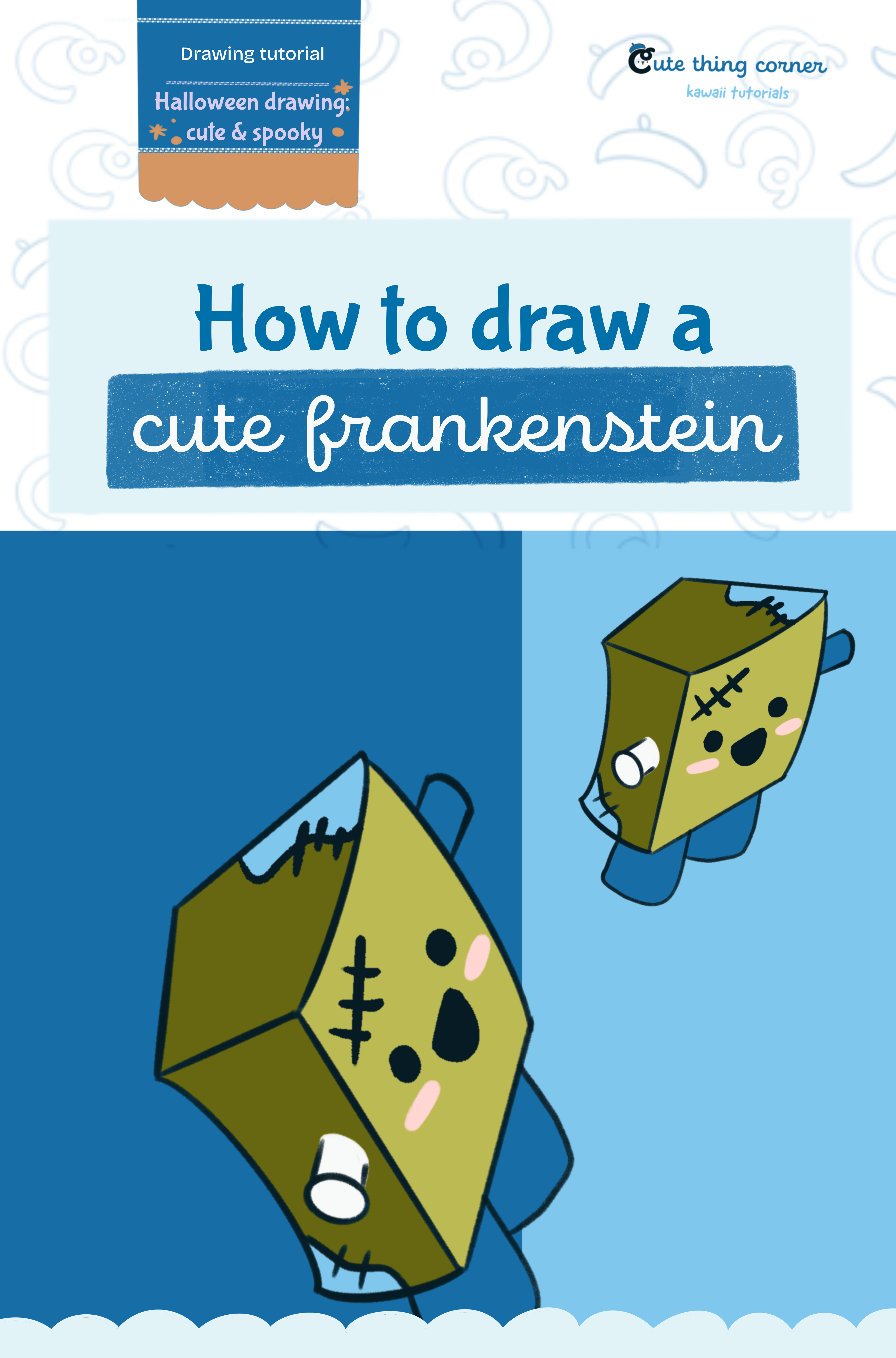 How to draw a cute frankenstein monster (Step-by-step)