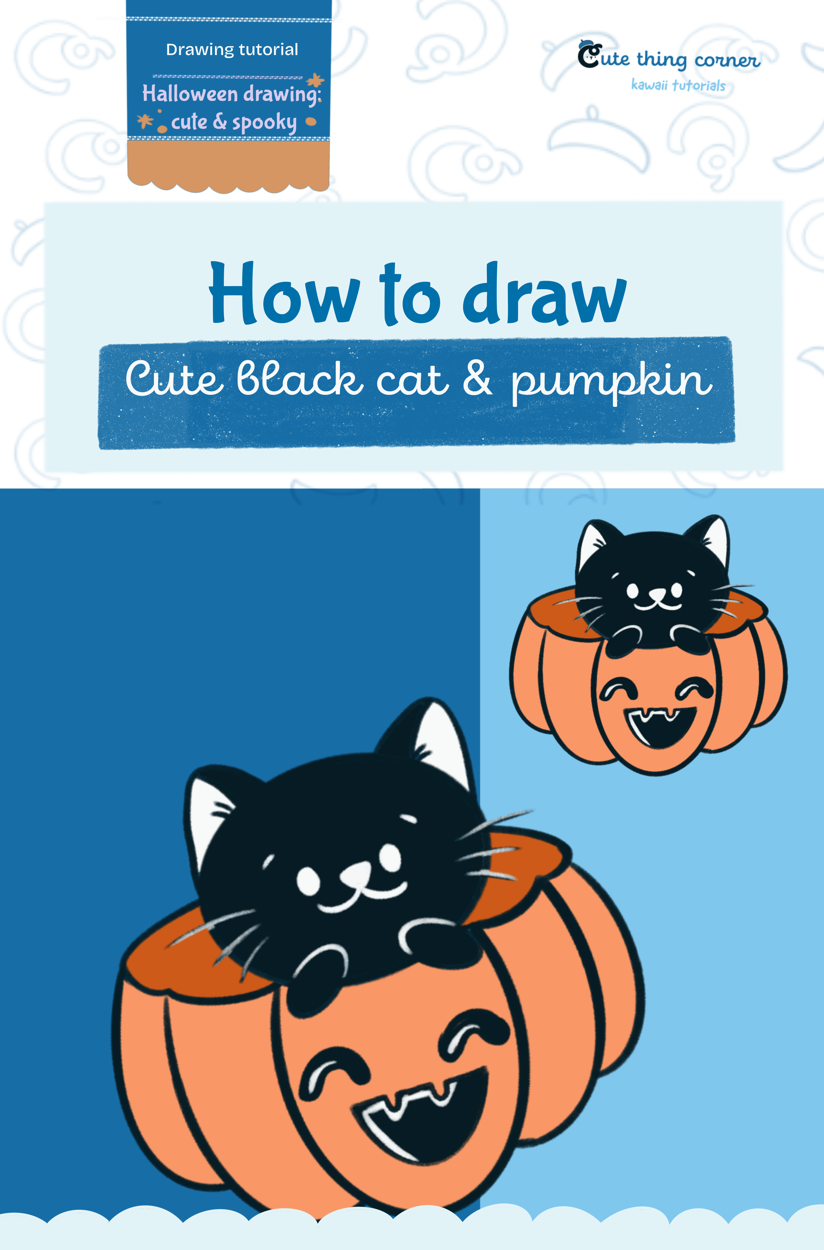 How to draw cute blackcat in pumpkin (Step-by-step)