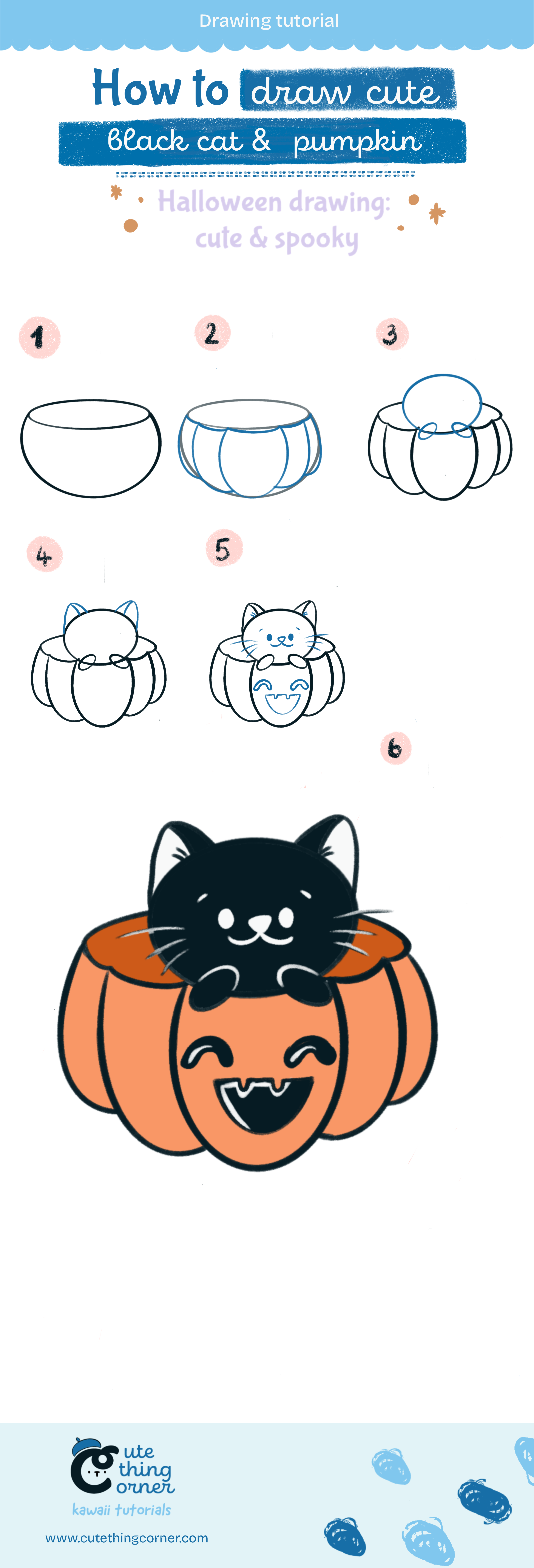 How to draw cute blackcat pumpkin (Step-by-step)