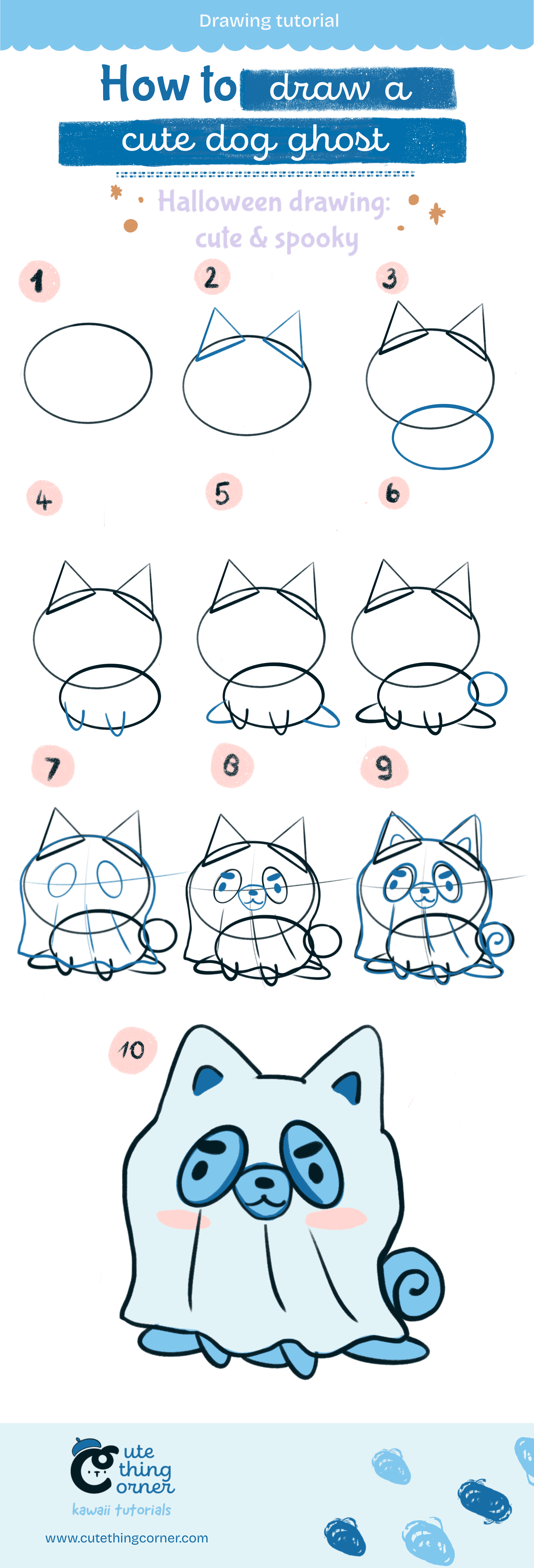 How to draw cute dog ghost (Step-by-step)