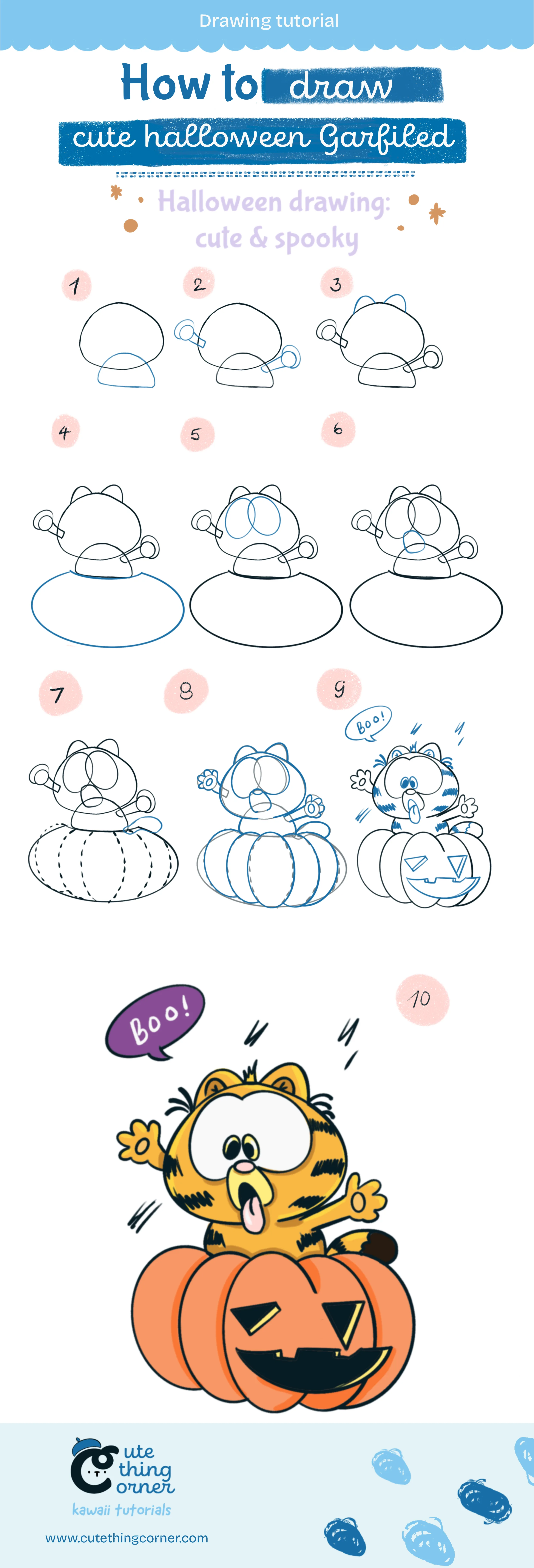 How to draw cute halloween Garfiled (Step-by-step)