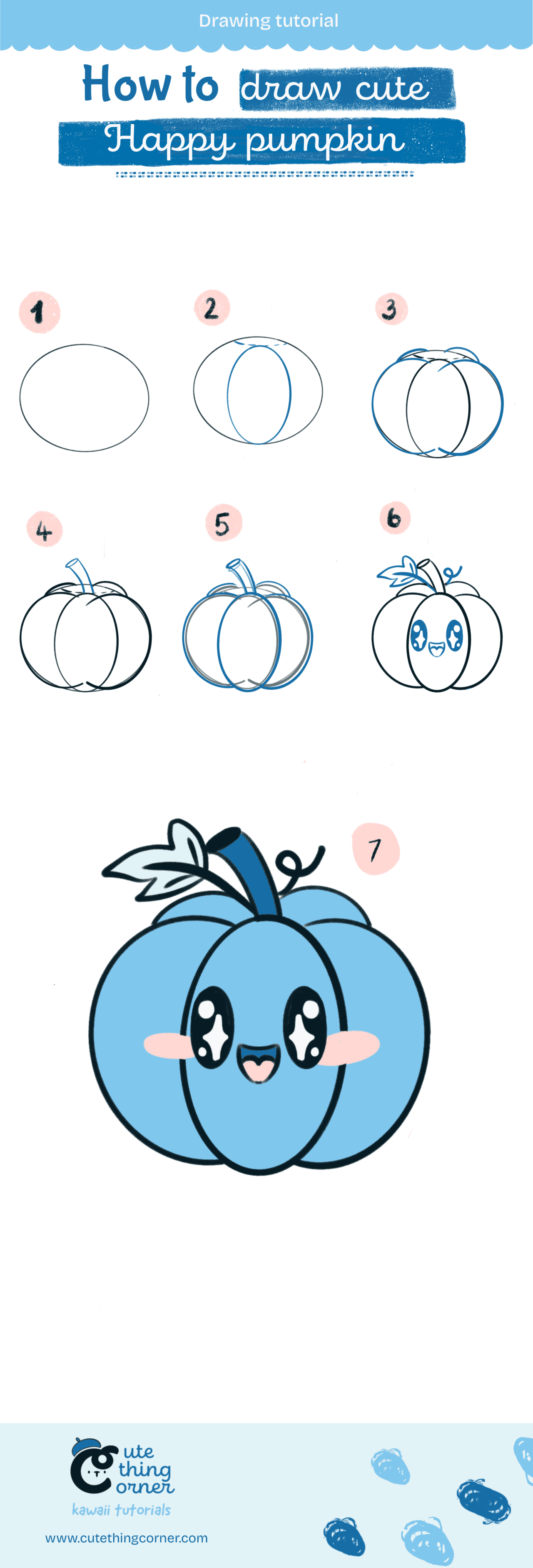 How to draw a cute happy pumpkin (Step-by-step)