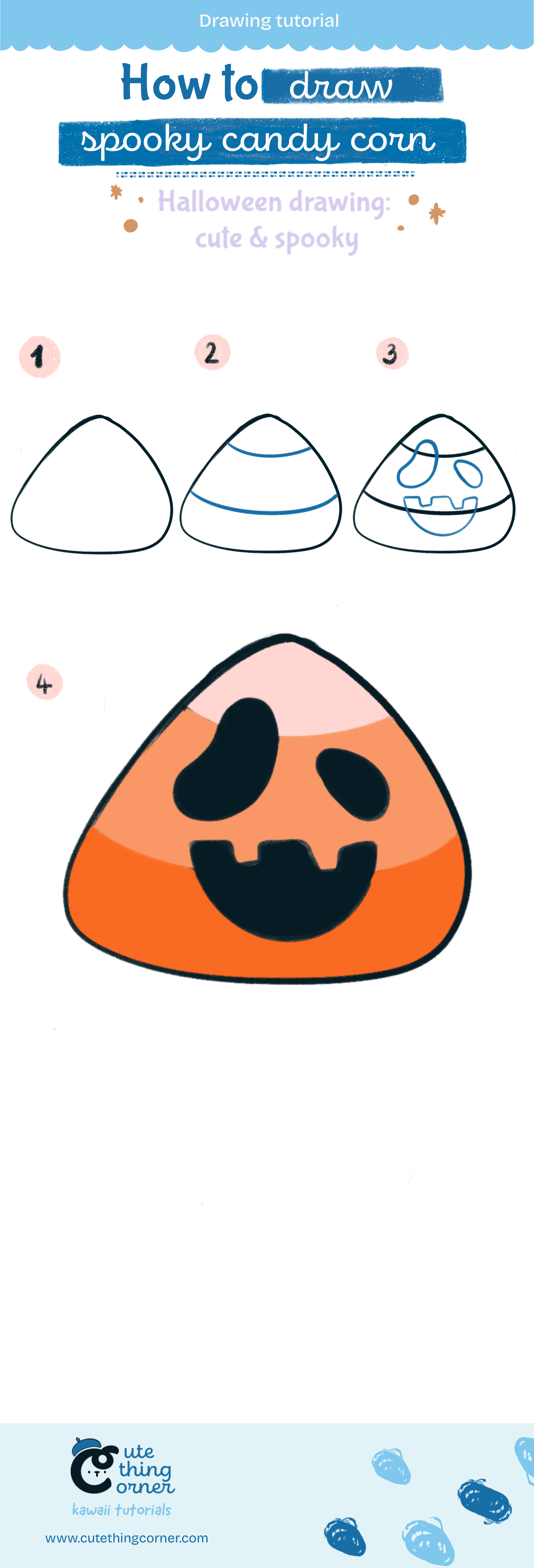 How to draw cute spooky candycorn (Step-by-step)