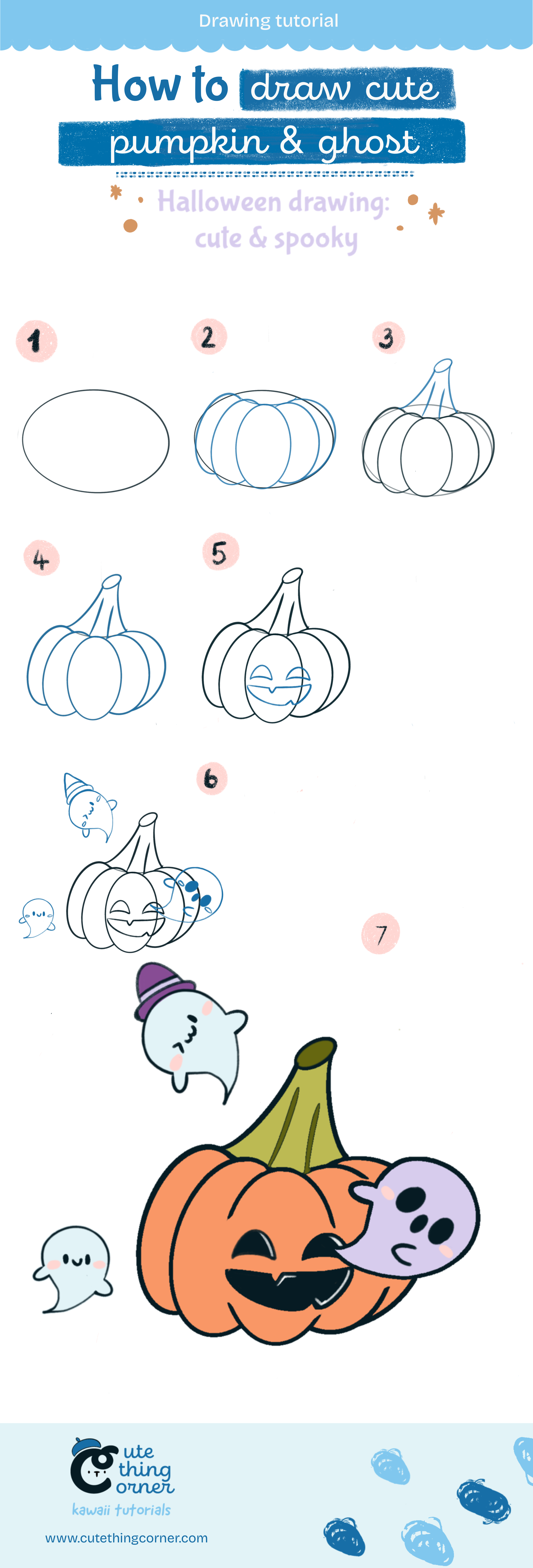 How to draw halloween pumpkin with ghost (Step-by-step)