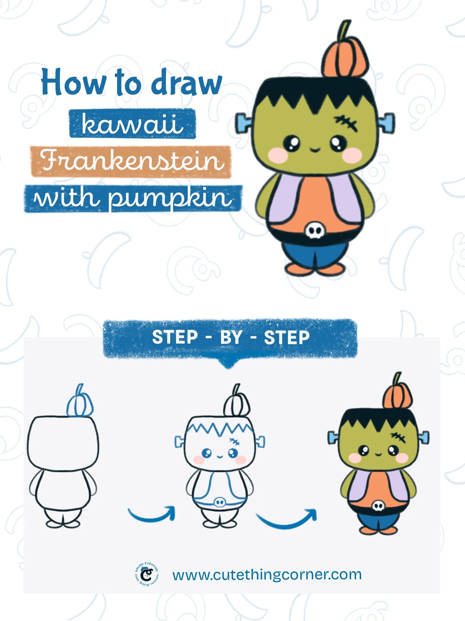 How to draw kawaii frankenstein with pumpkin