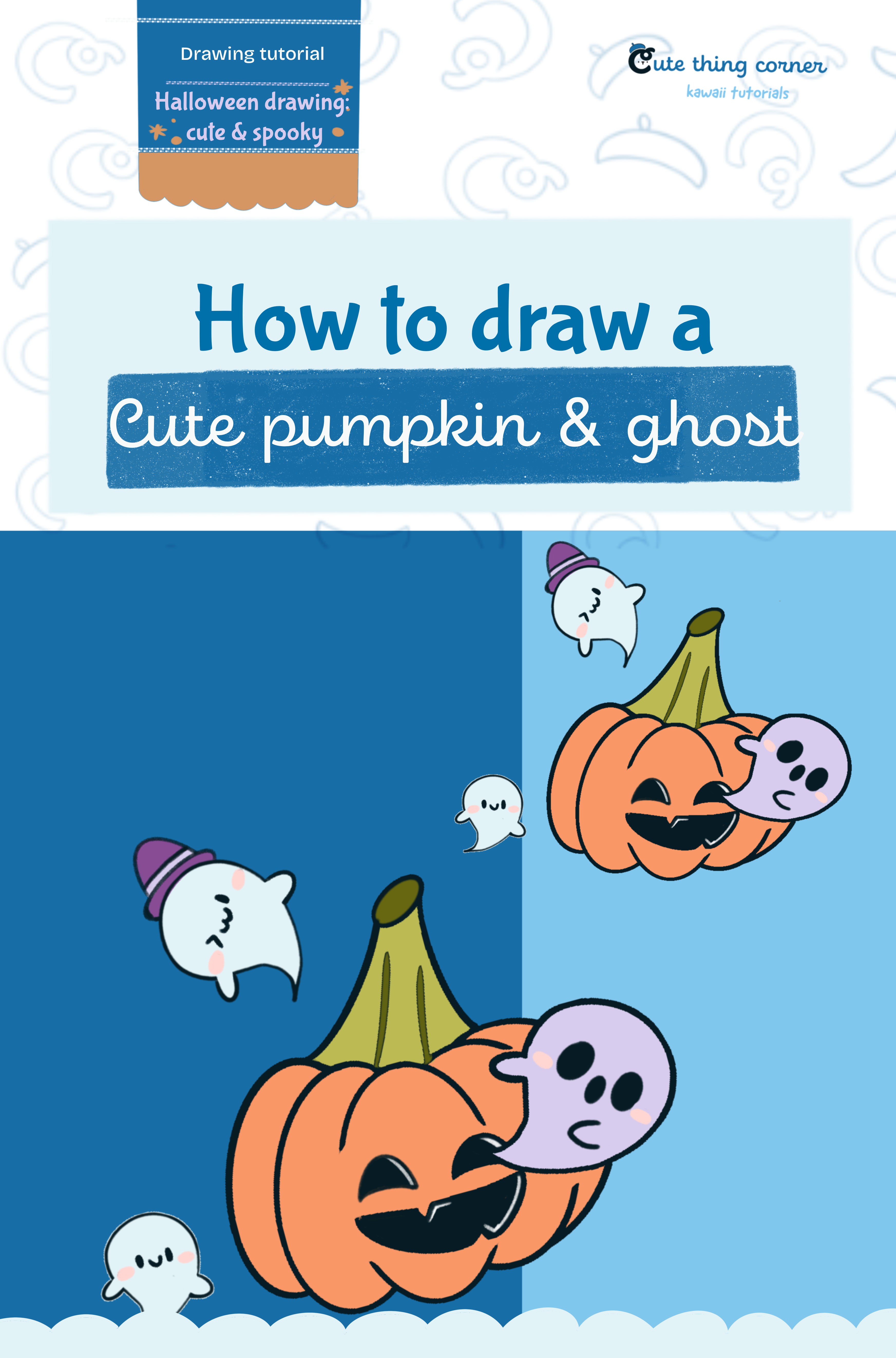 How to draw halloween pumpkin with ghost (Step-by-step)