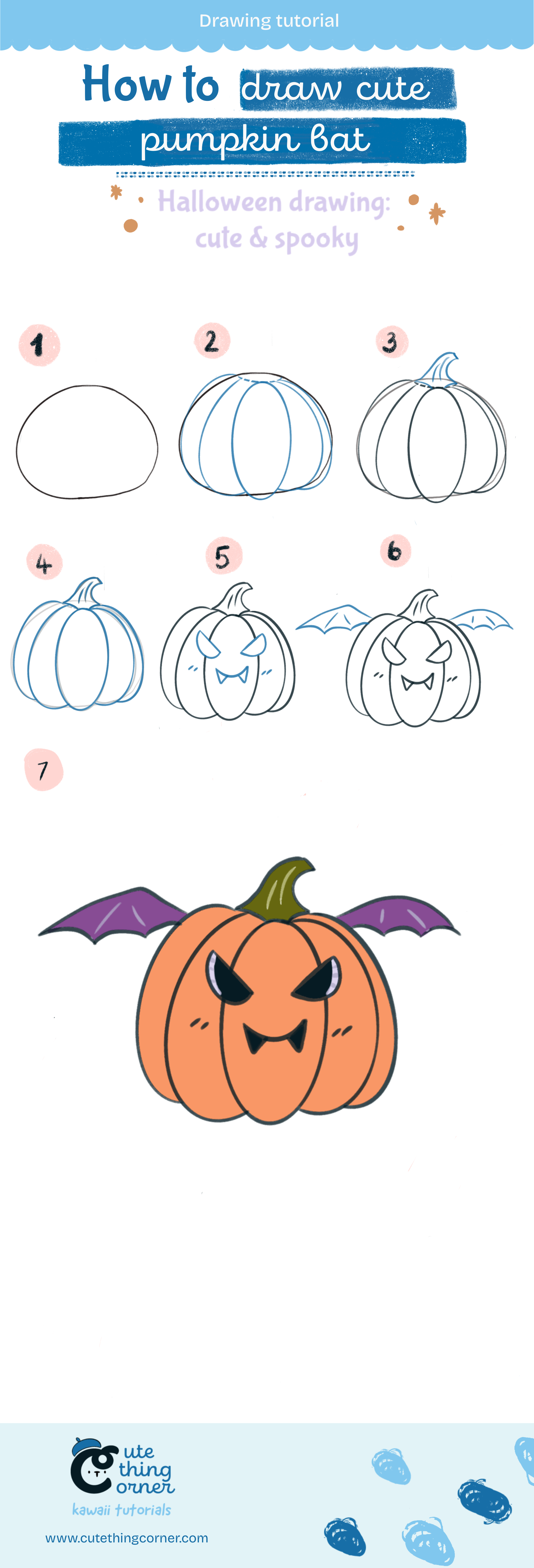 How to draw kawaii pumpkin bat (Step-by-step)