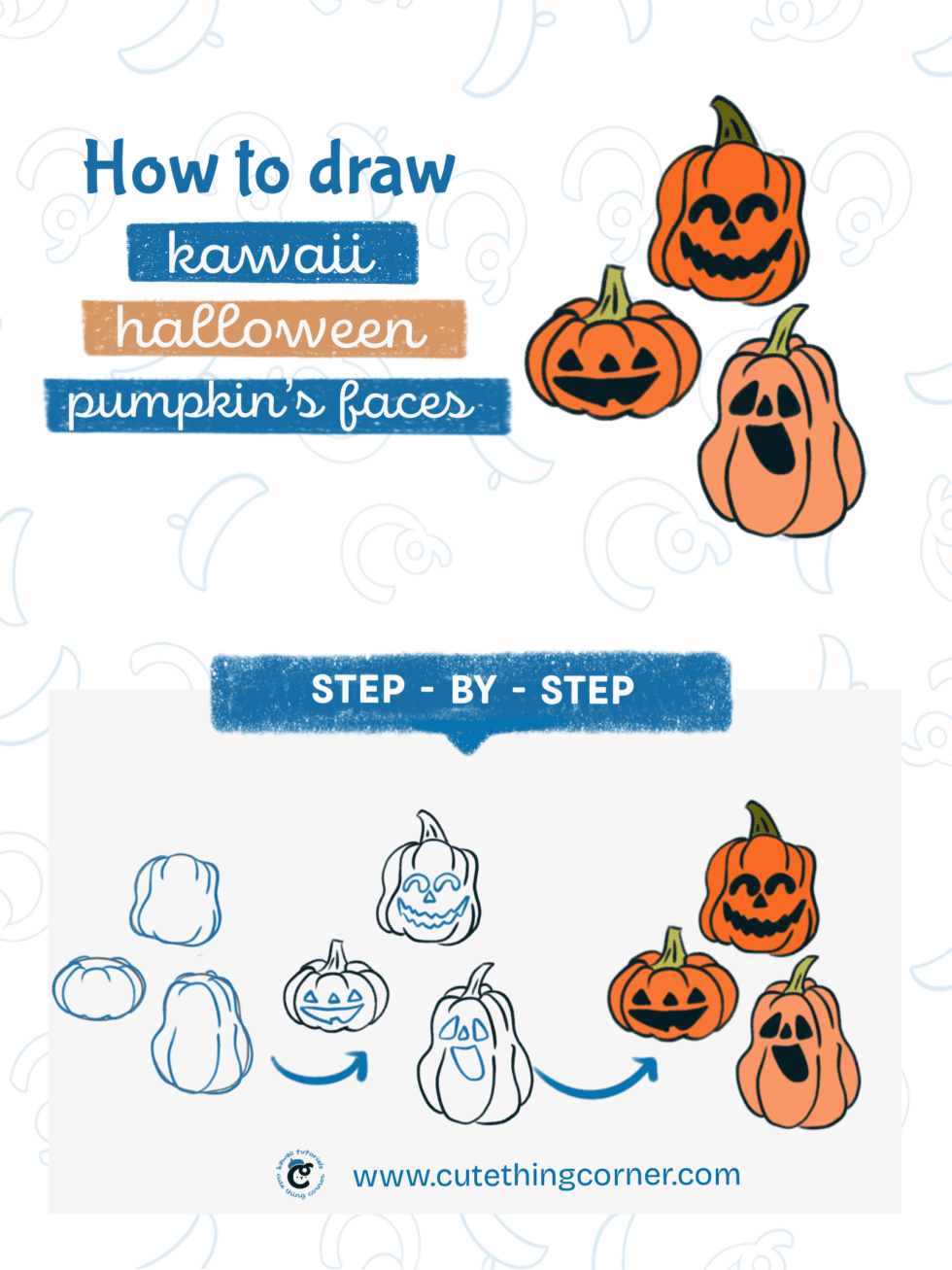 How to draw cute pumpkin's faces (Step-by-step)