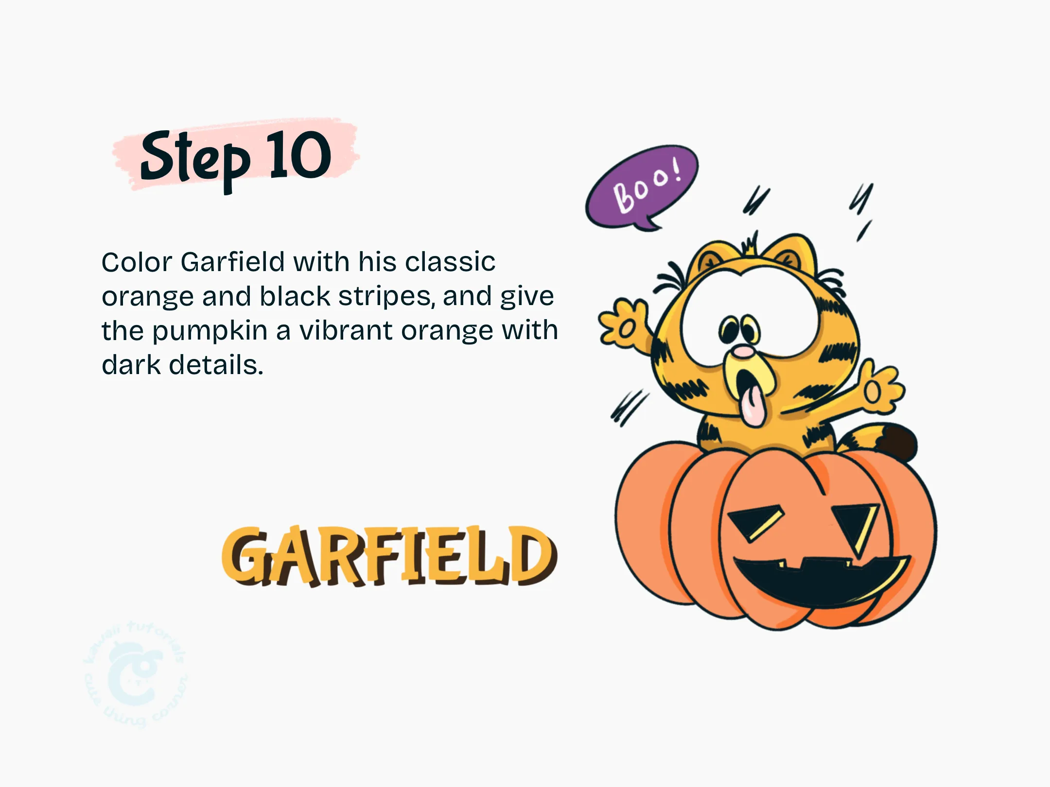 Step 10 Color Garfield with his classic orange and black stripes