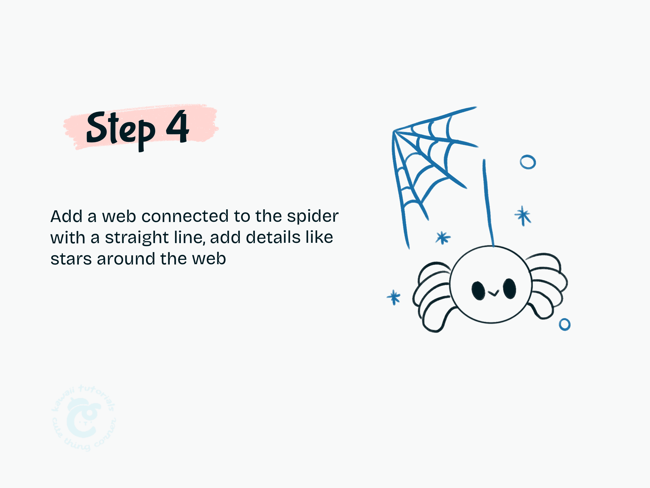 Step 4 Add a web connected to the spider with a straight line, add details like stars around the web