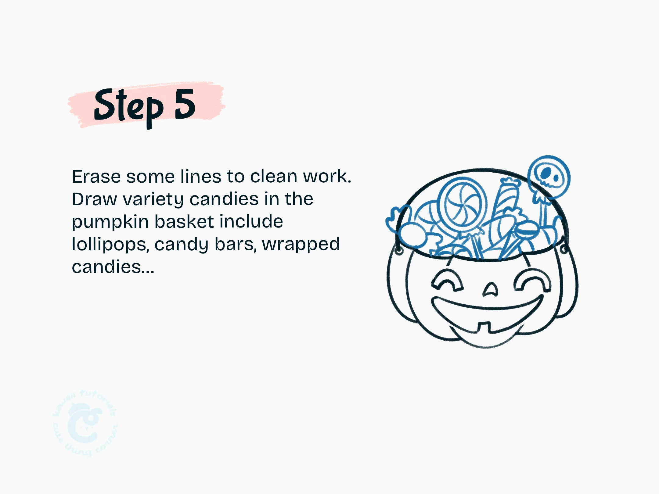 Step 5 Draw variety candies in the pumpkin basket include lollipops, candy bars, wrapped candies