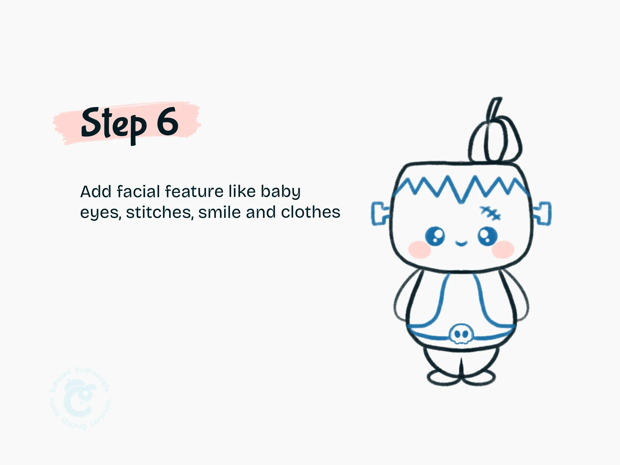 Step 6 Add facial feature like baby eyes, stitches, smile and clothes
