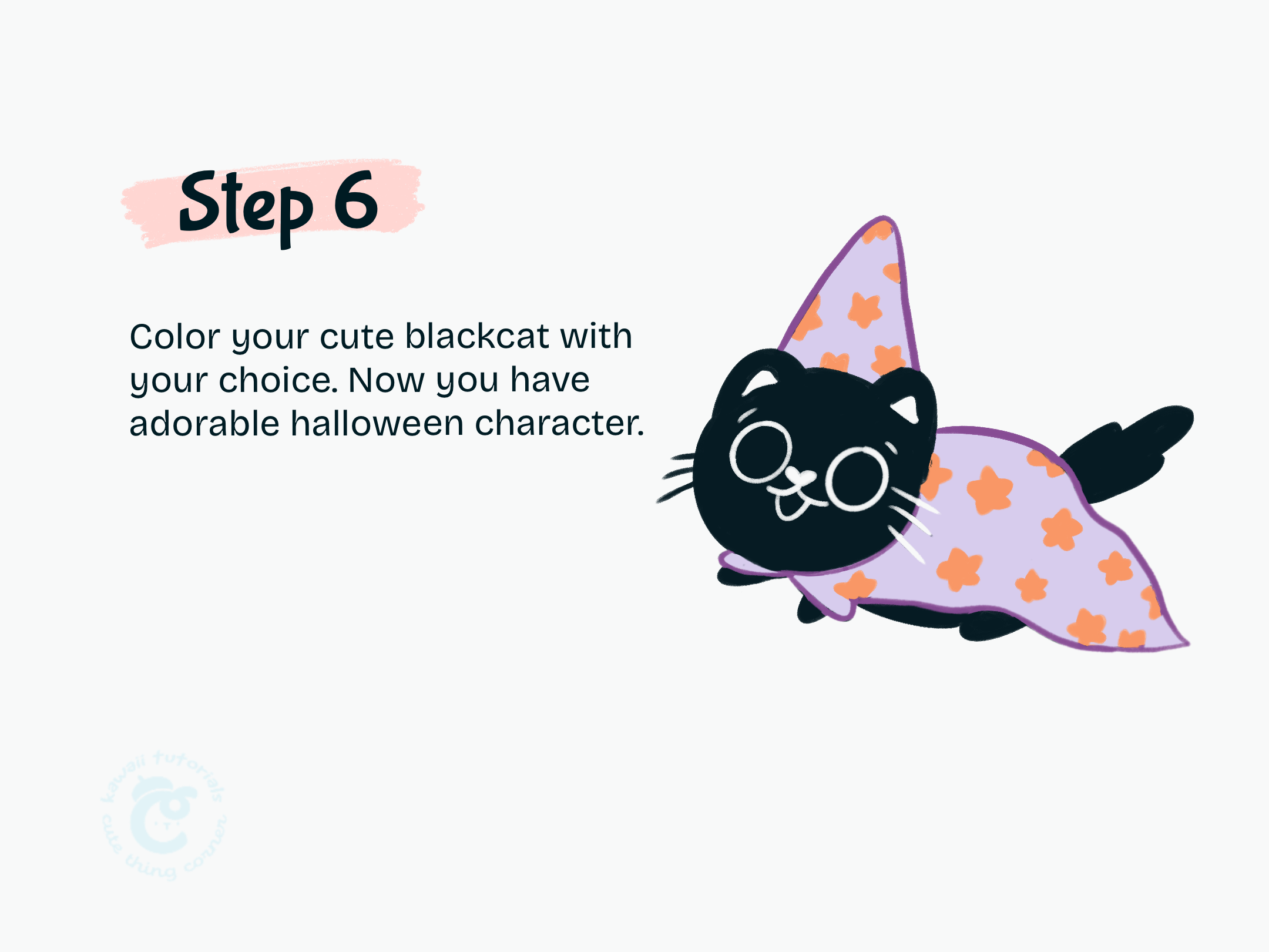 Step 6 Color your cute blackcat with your choice. Now you have adorable halloween character.