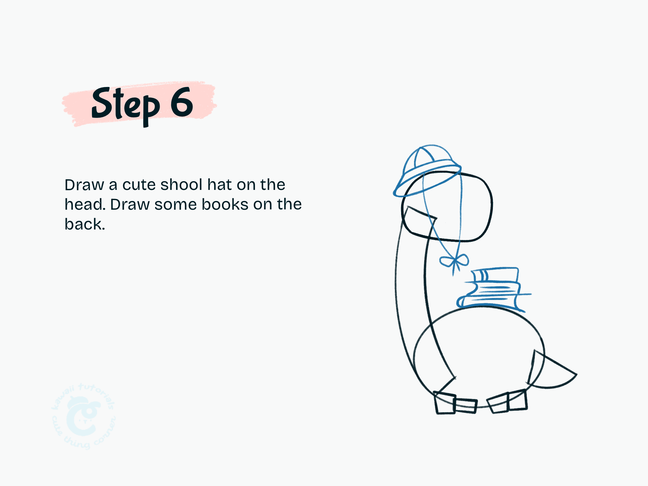 Step 6 Draw a cute shool hat on the head. Draw some books on the back