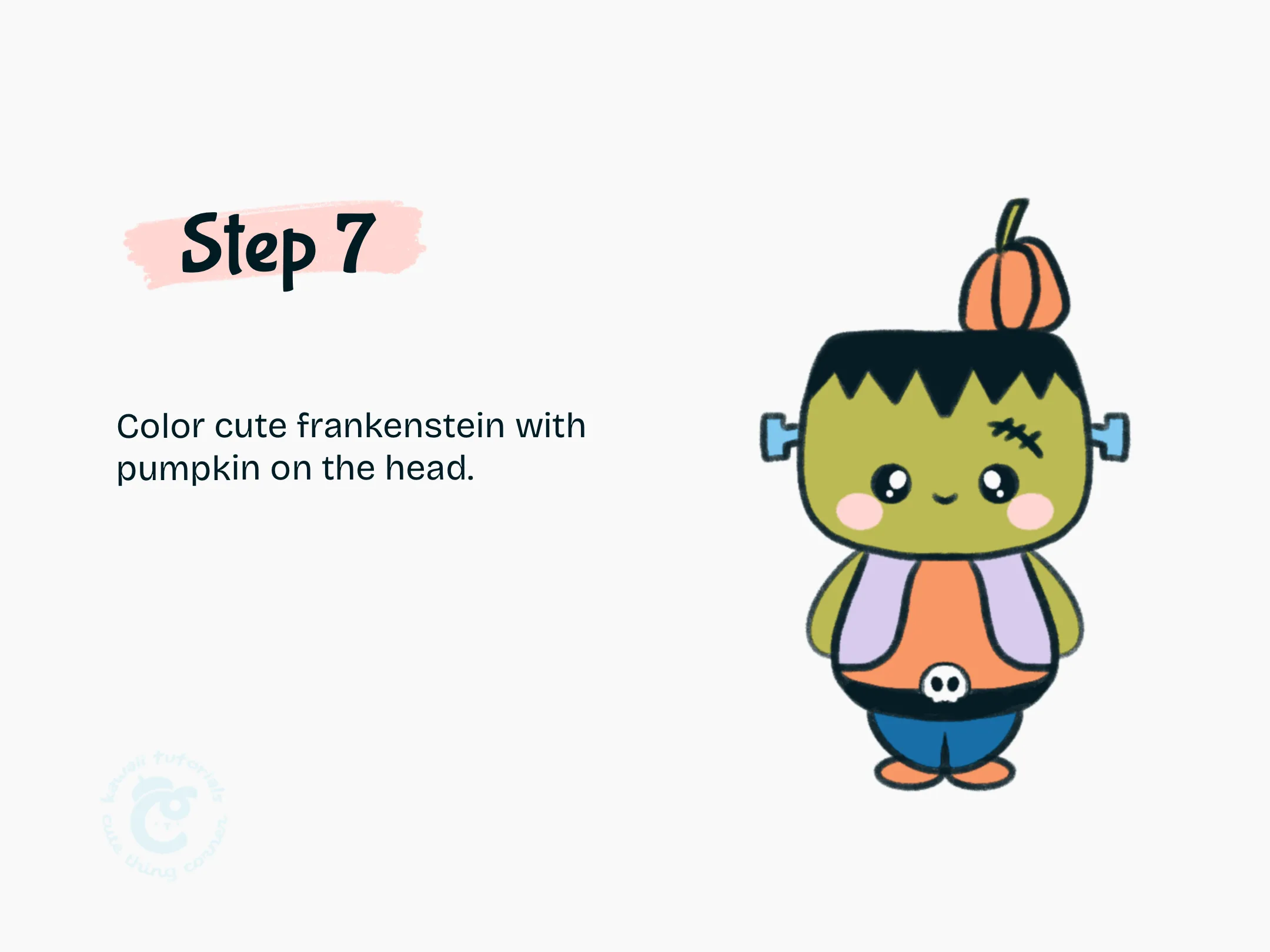 Step 7 Color cute frankenstein and pumpkin.