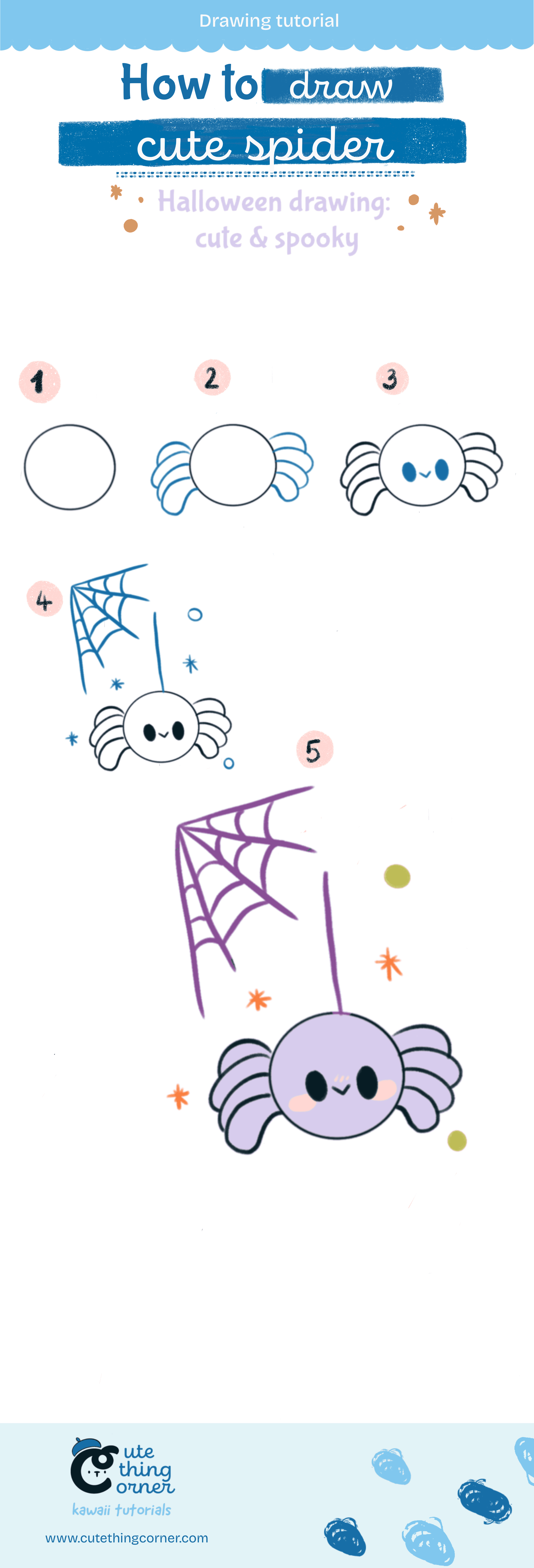 How to draw a Cute Spider (Step-by-step)