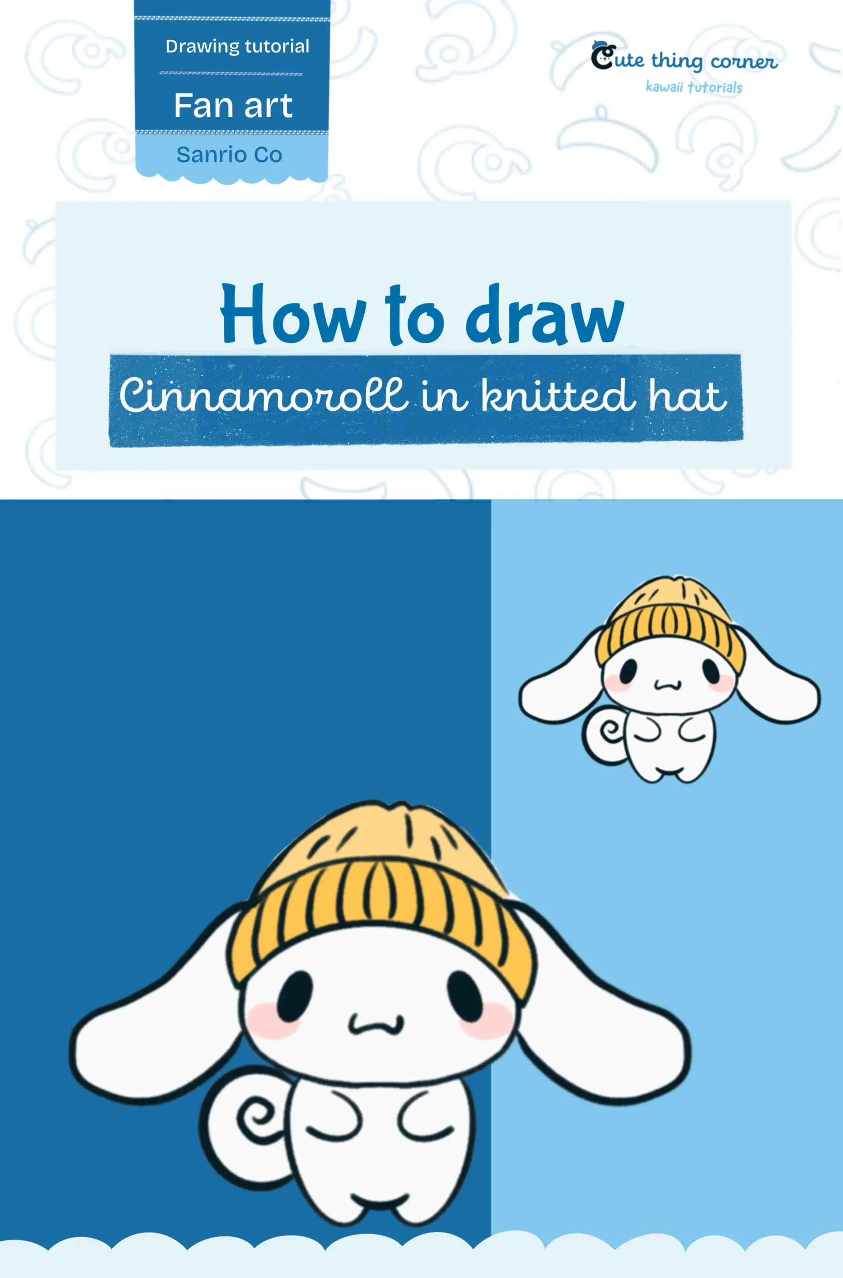 How to Draw cute Cinnamoroll in knitted hat (Step-by-step)