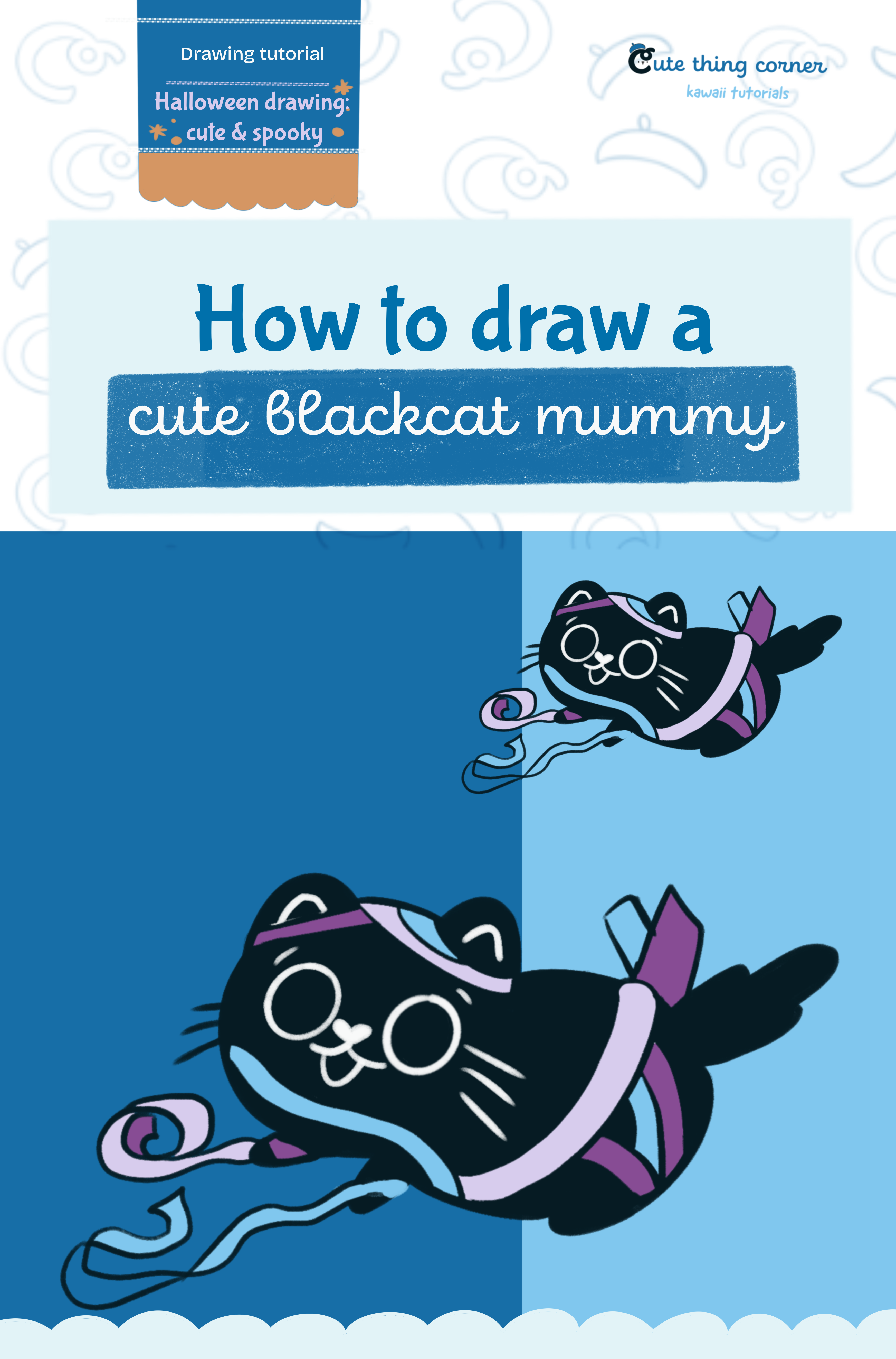 How to draw a cute blackcat mummy (Step-by-step)