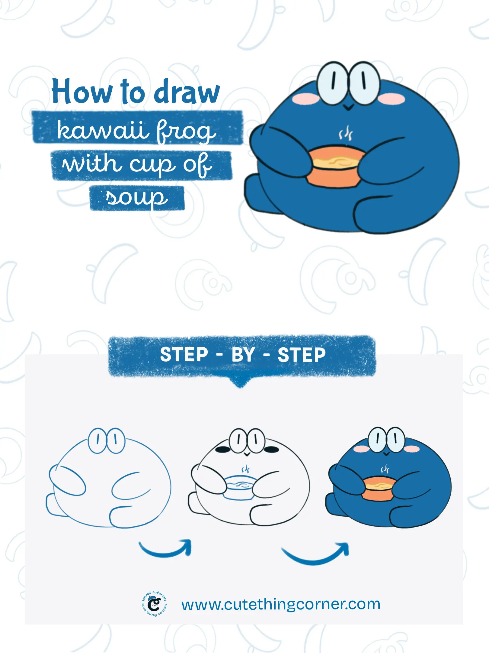 How to draw a cute frog with cup of soup