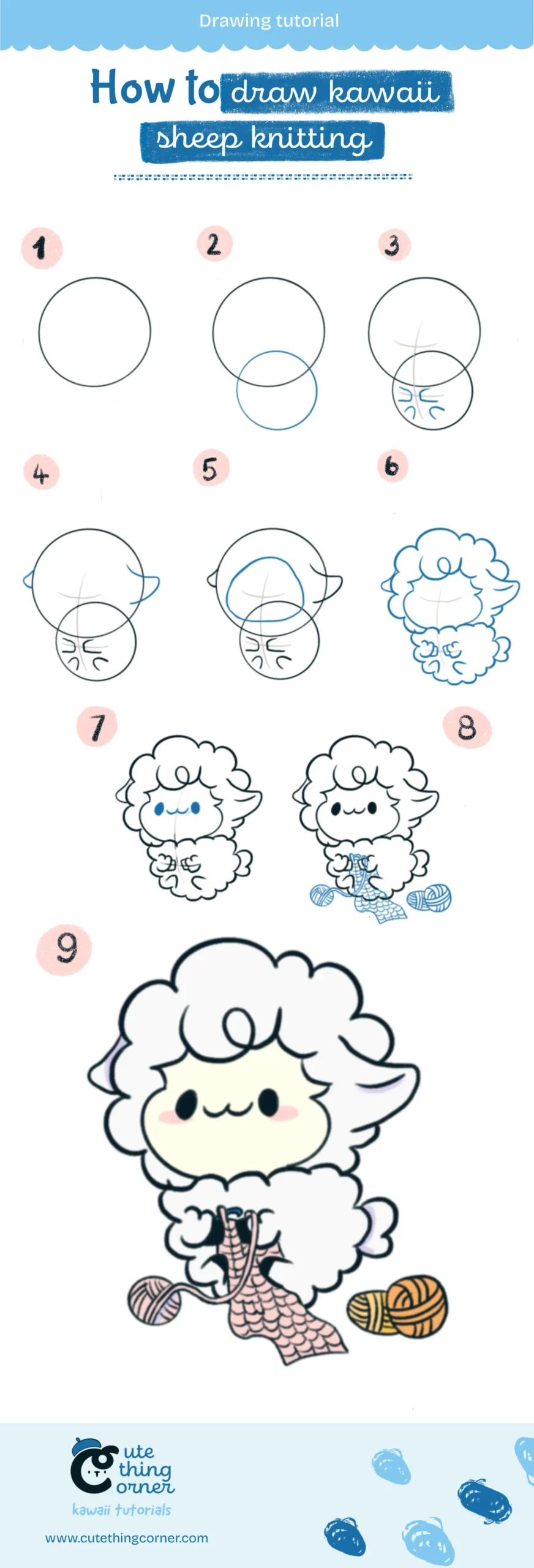 How to draw a cute sheep knitting (Step-by-step)