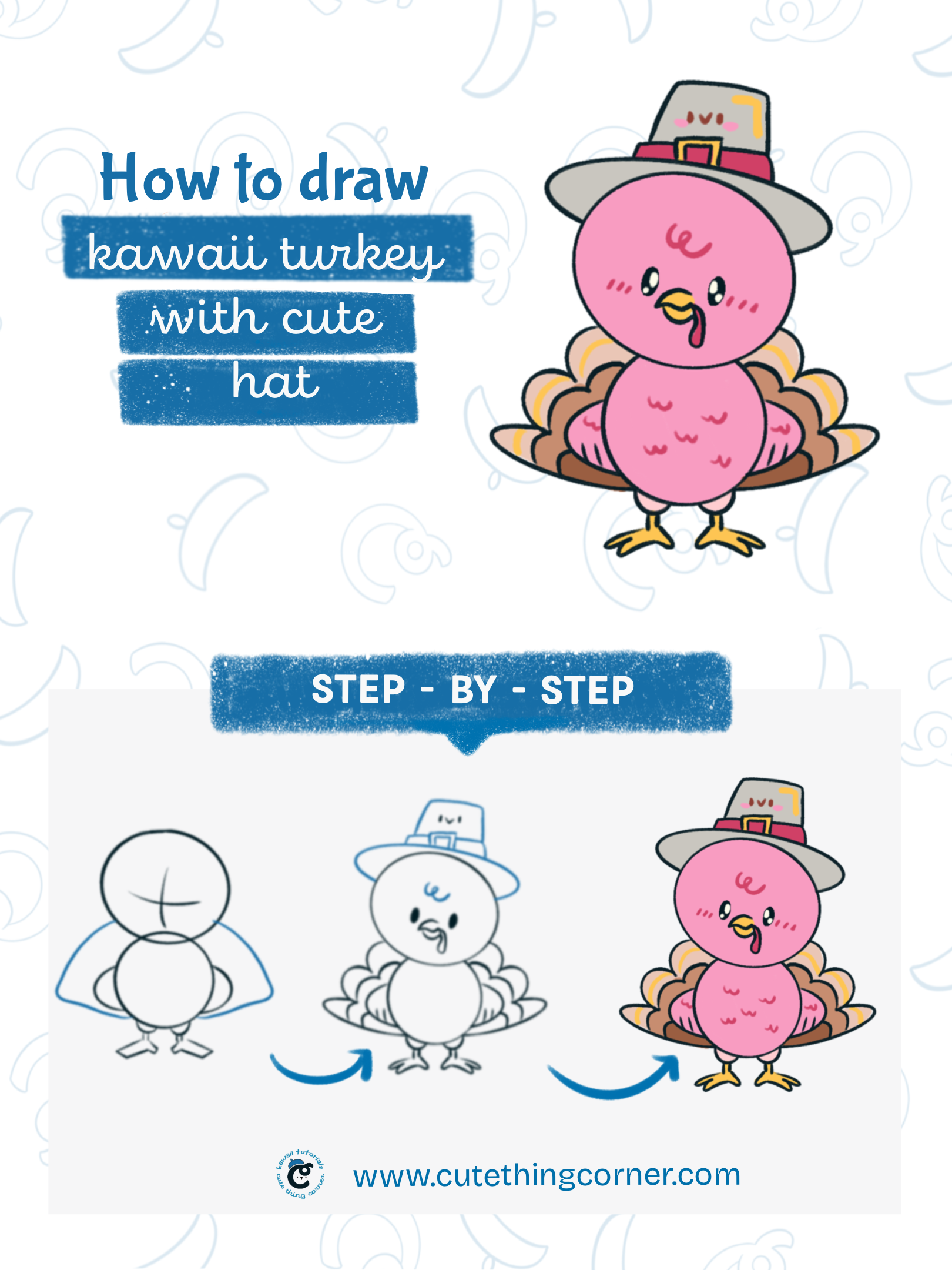 How to draw a kawai turkey with cute hat