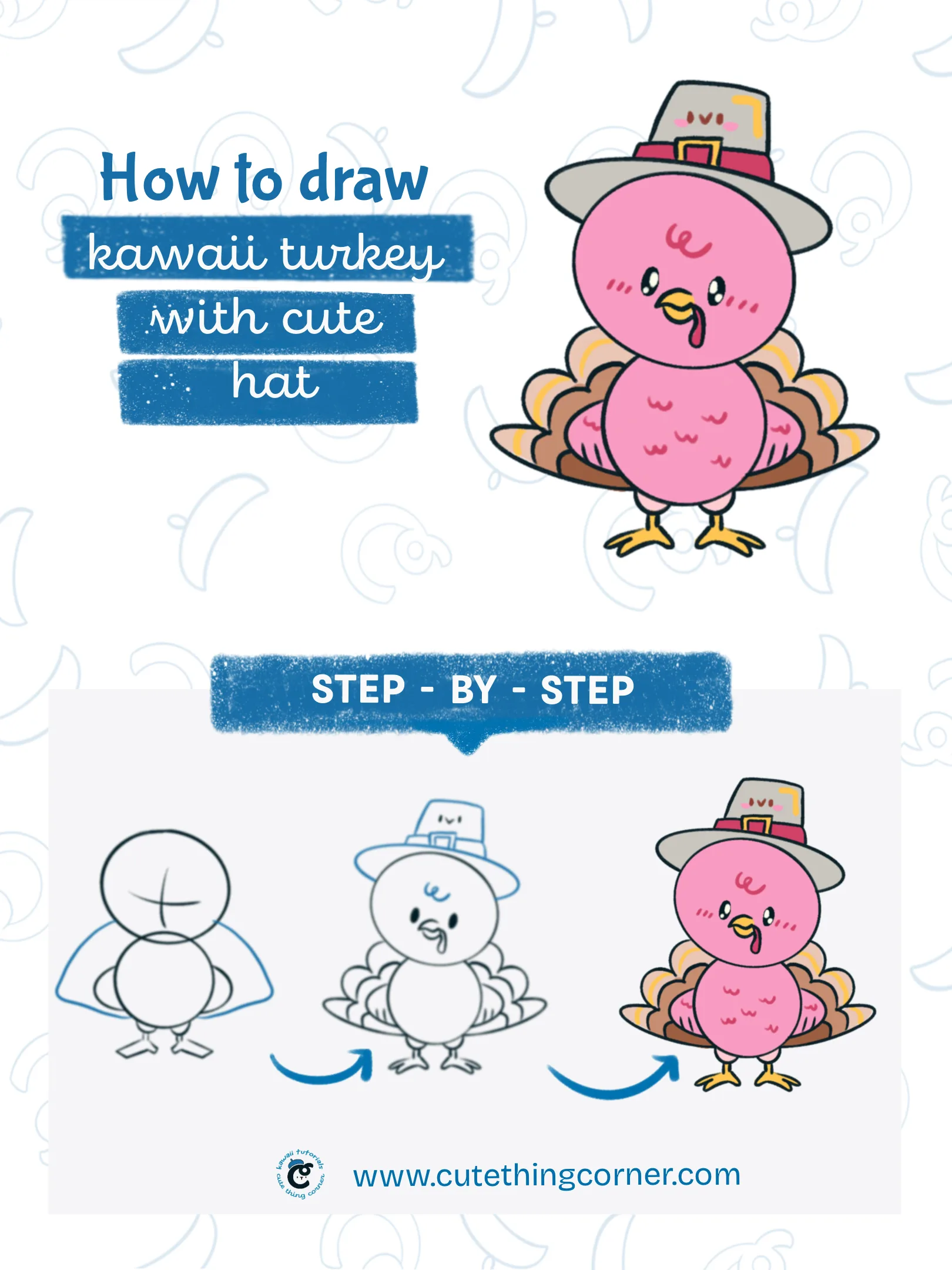 How to draw a kawai turkey with cute hat