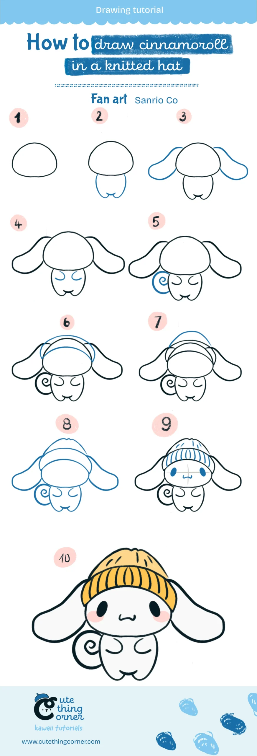 How to draw cute Cinnamoroll in knitted hat