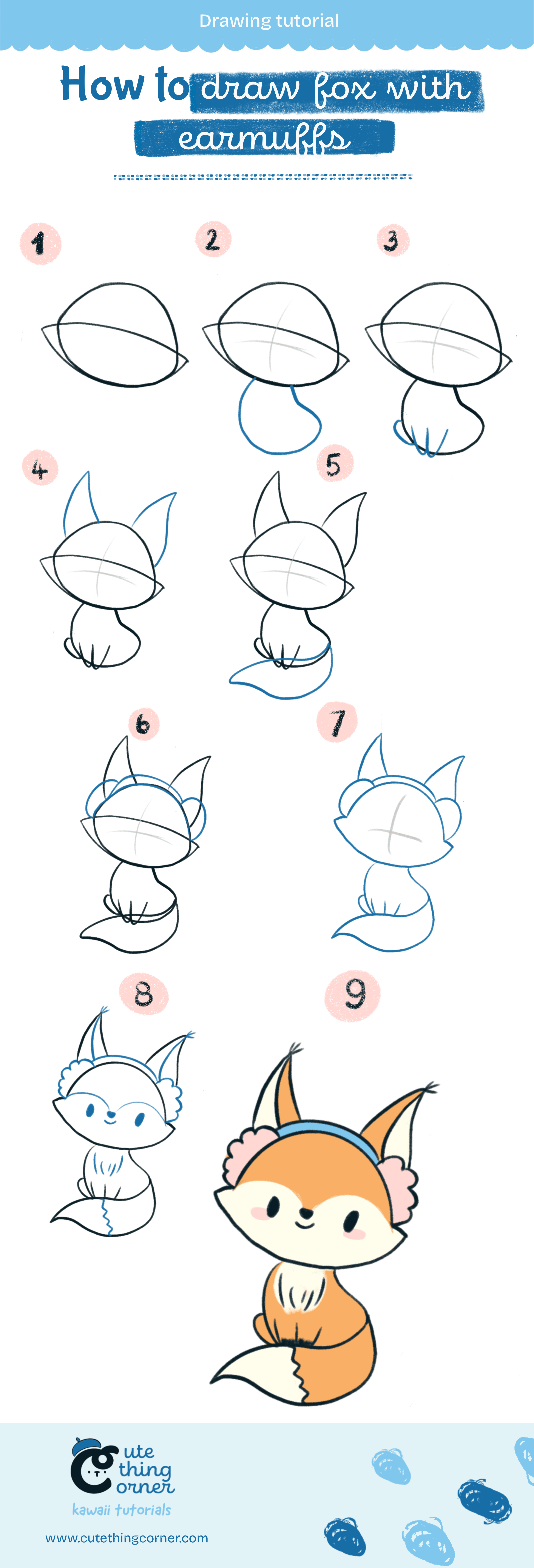 How to draw cute Fox with earmuffs (Step-by-step)