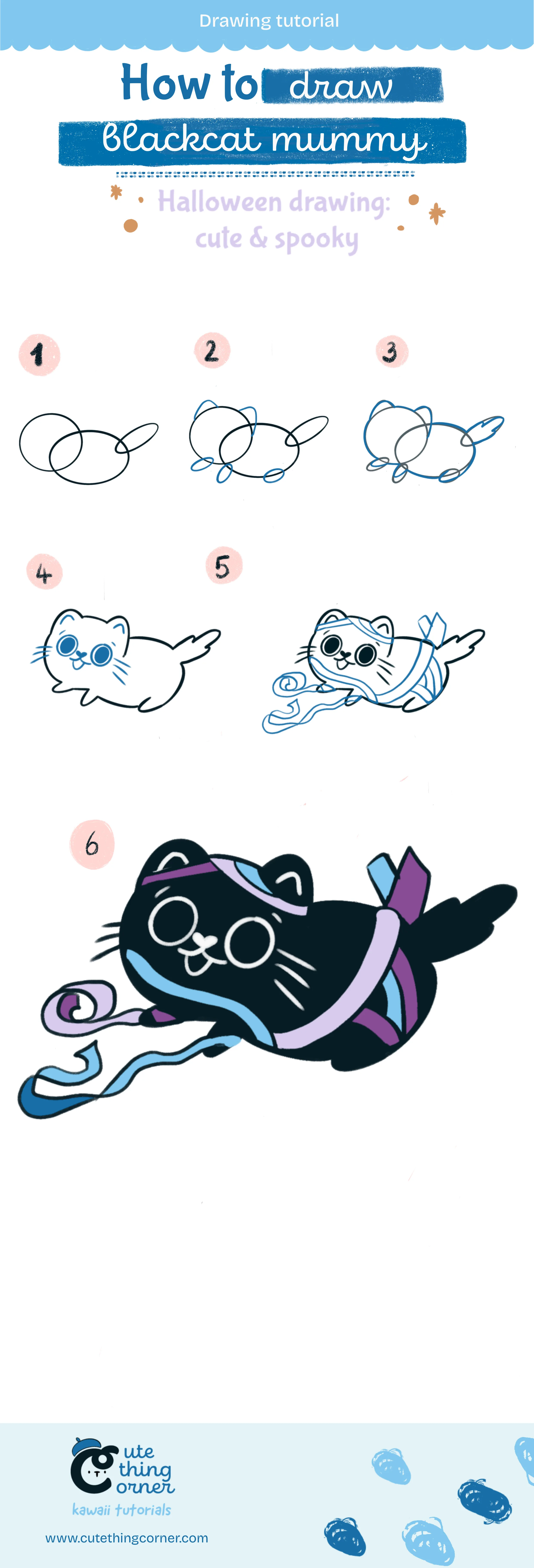 How to draw cute blackcat mummy (Step-by-step)