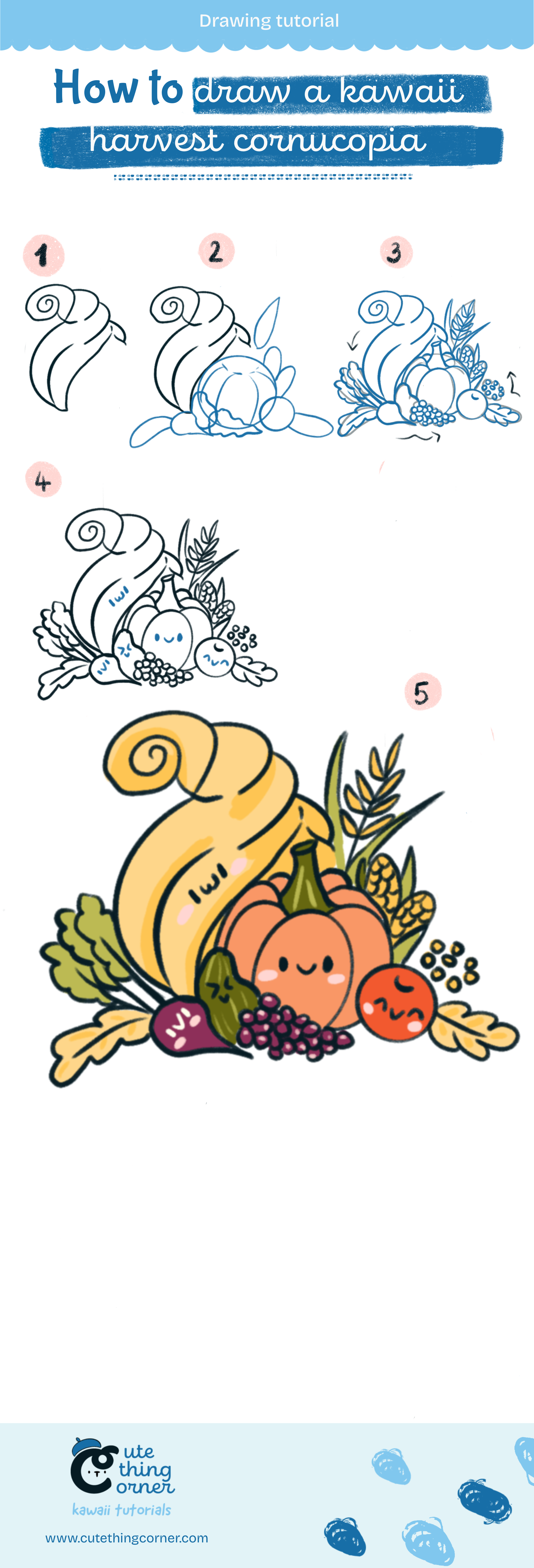 How to draw cute harvest cornucopia (Step-by-step)