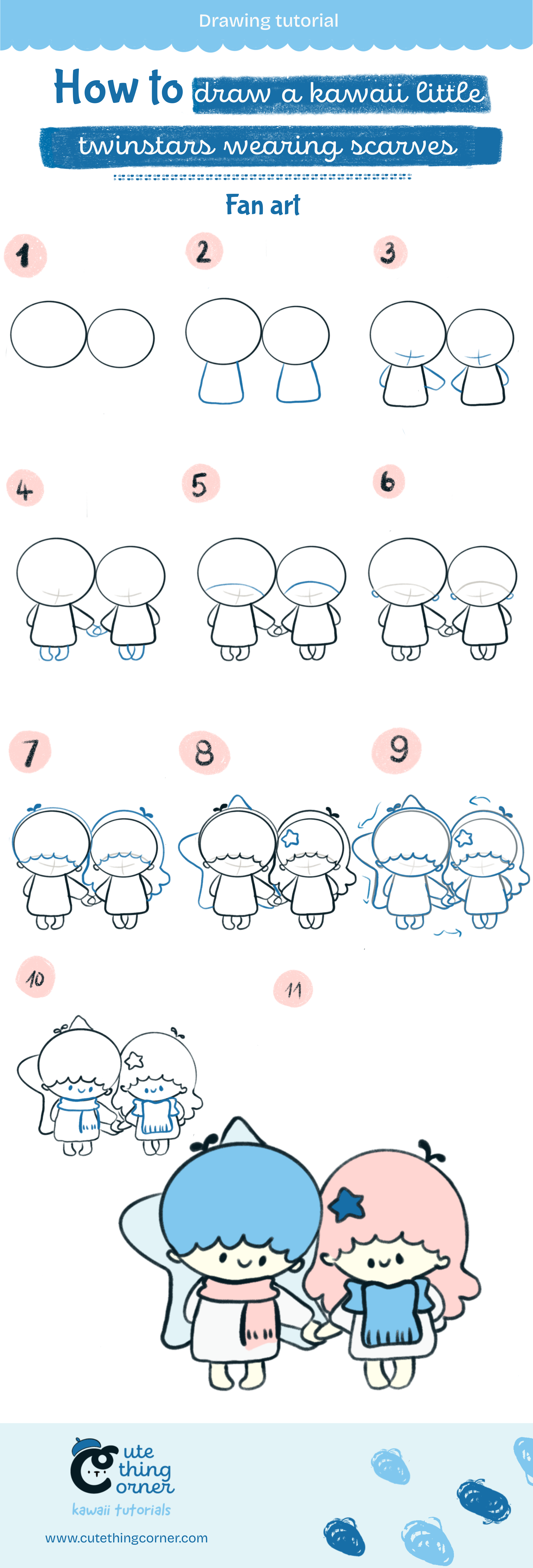 How to draw cute little twinstars wearing scarves