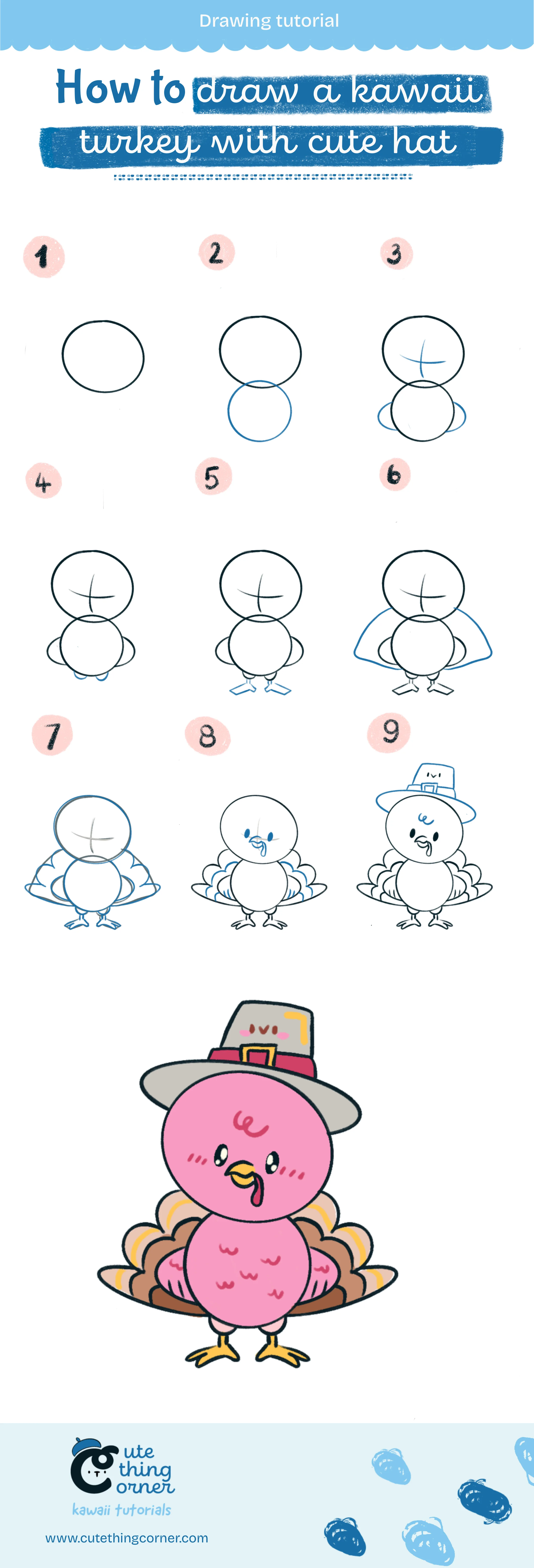 How to draw kawai turkey with cute hat (Step-by-step)