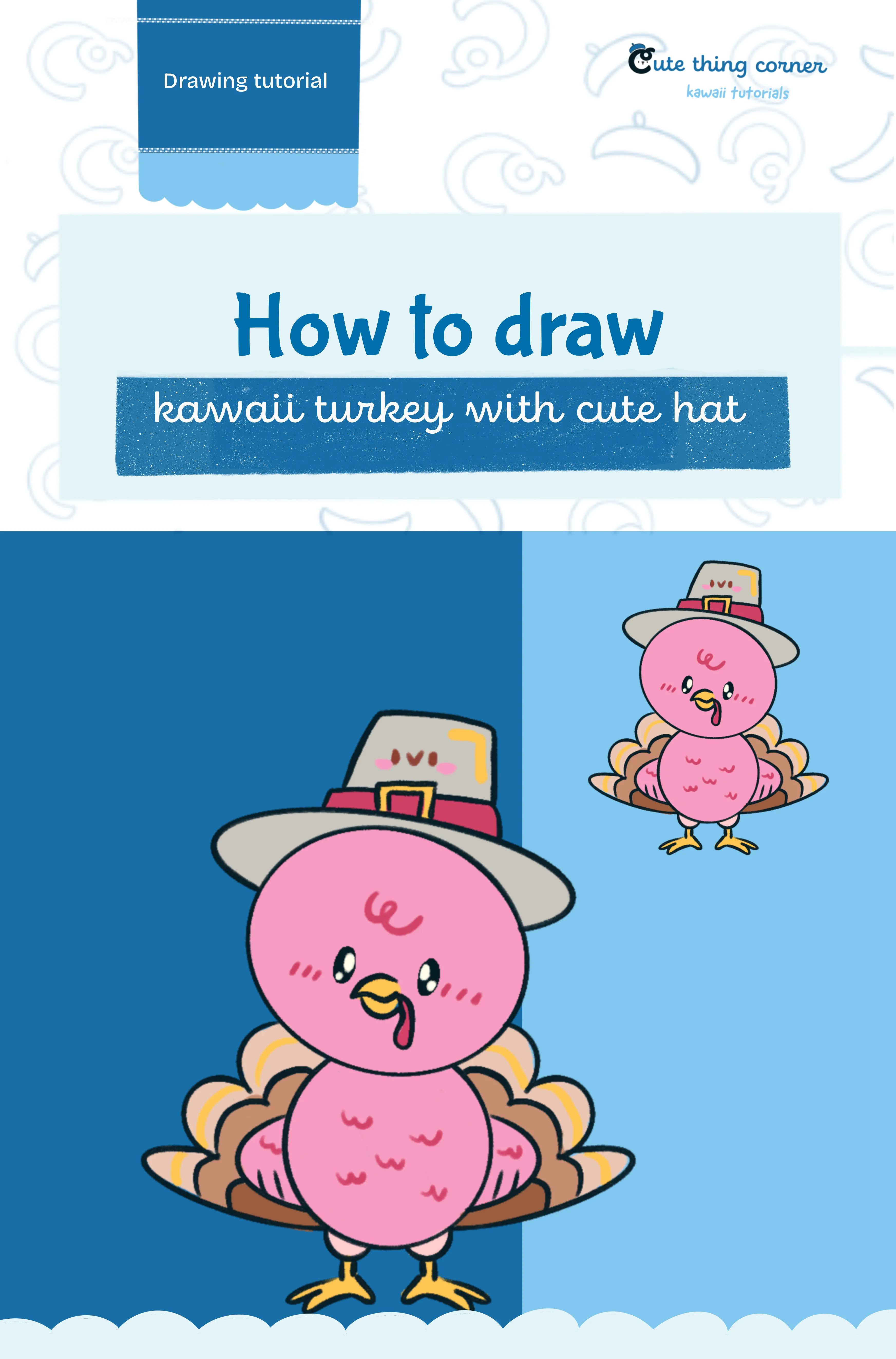 How to draw kawaii turkey with cute hat