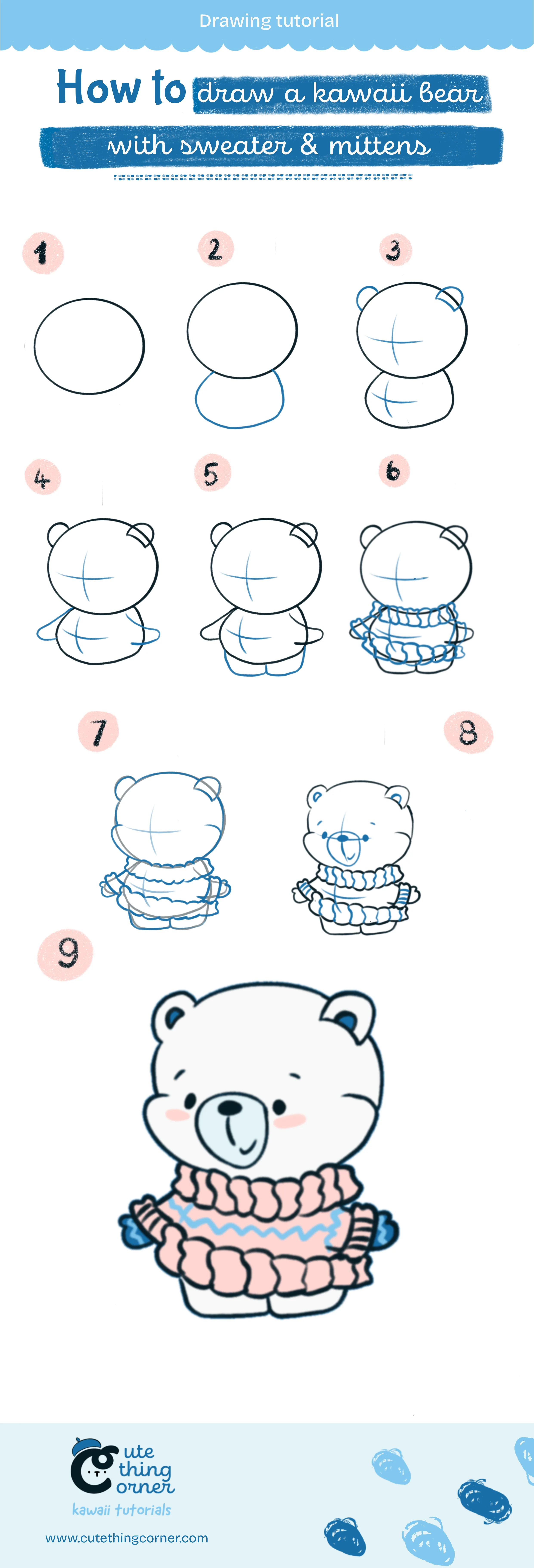 How to draw kawaii bear in sweater (Step-by-step)